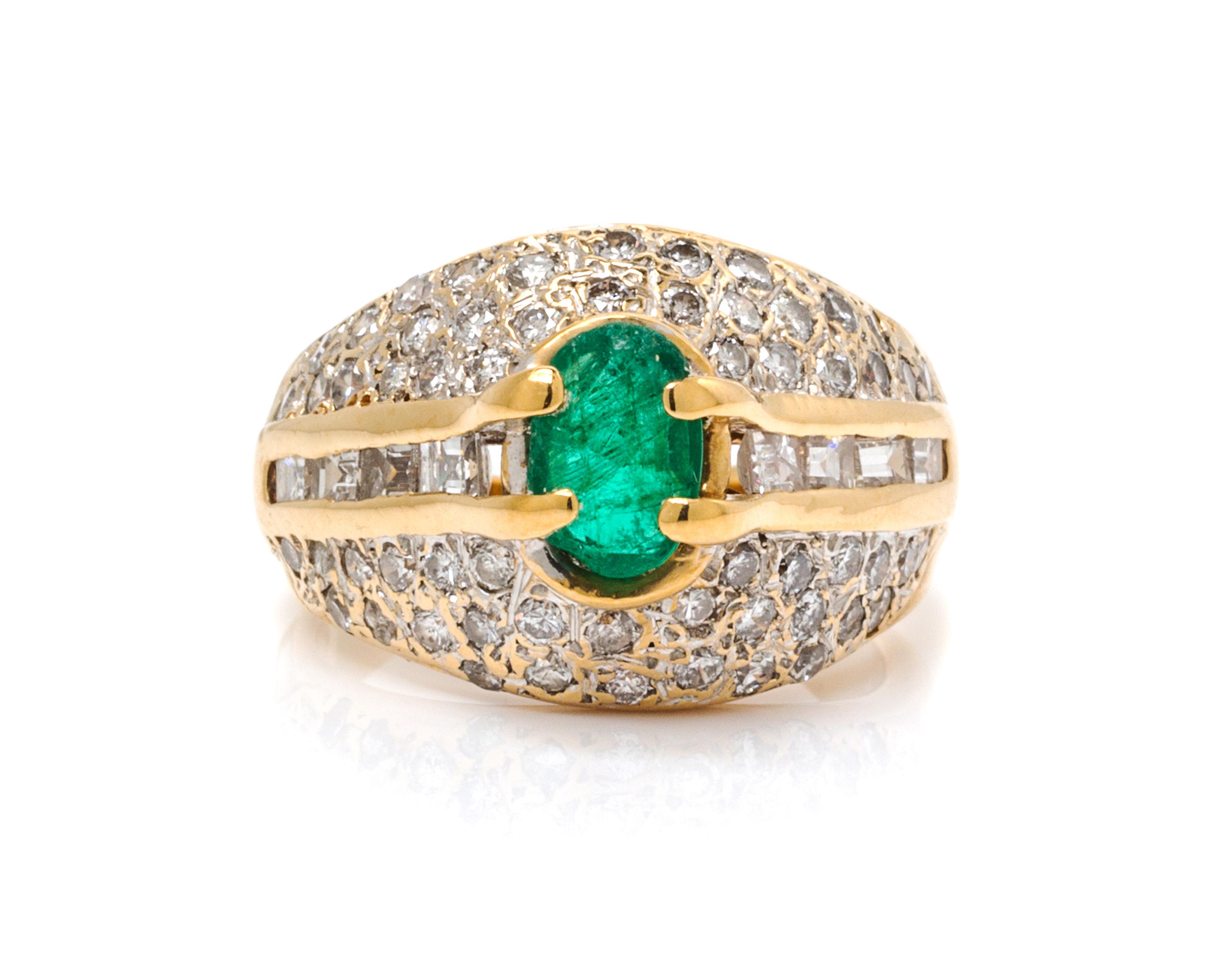 A 14 Karat Yellow Gold, Emerald and Diamond Ring, 4.30 dwts.