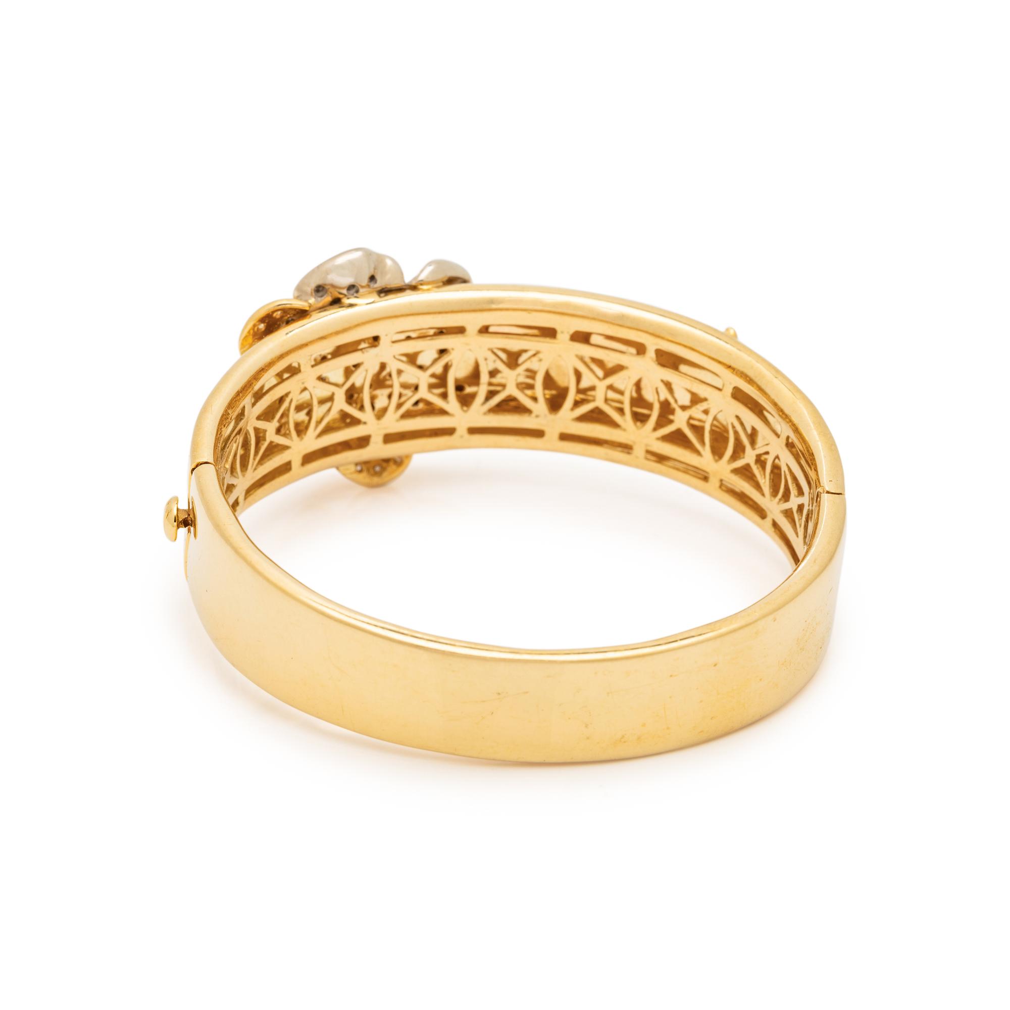 BICOLOR GOLD AND DIAMOND FLOWER BANGLE BRACELET