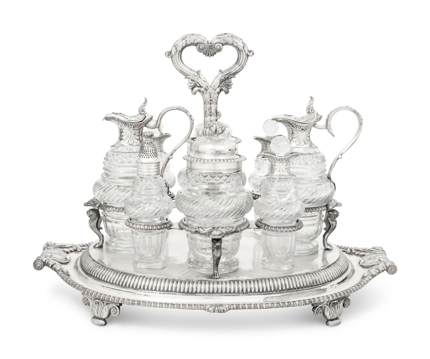 A Paul Storr Silver and Cut Glass Cruet Set