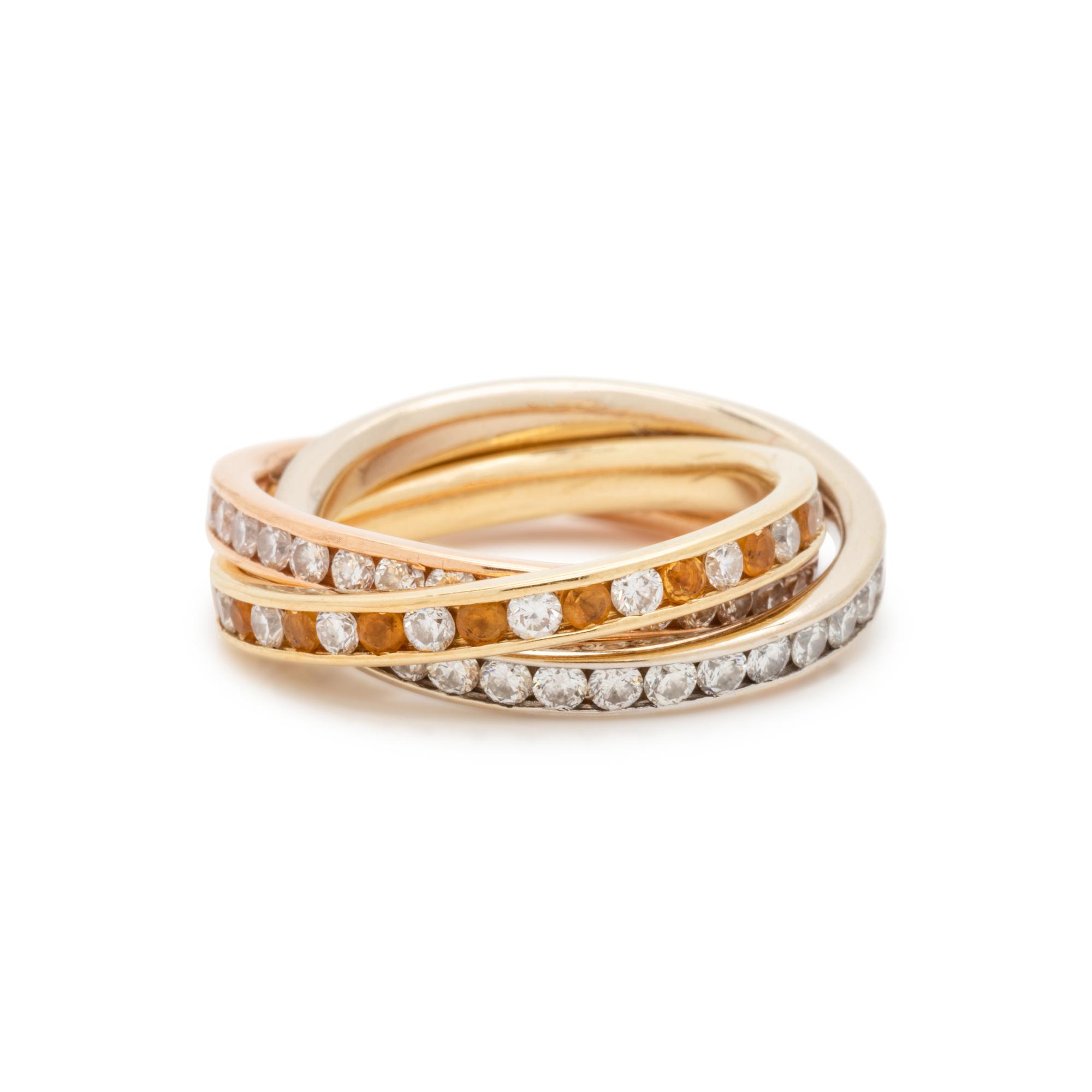 TRICOLOR GOLD, DIAMOND AND GEMSTONE ROLLING RING