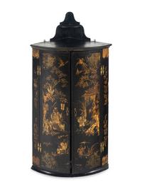 A George III Black Japanned Hanging Corner Cabinet