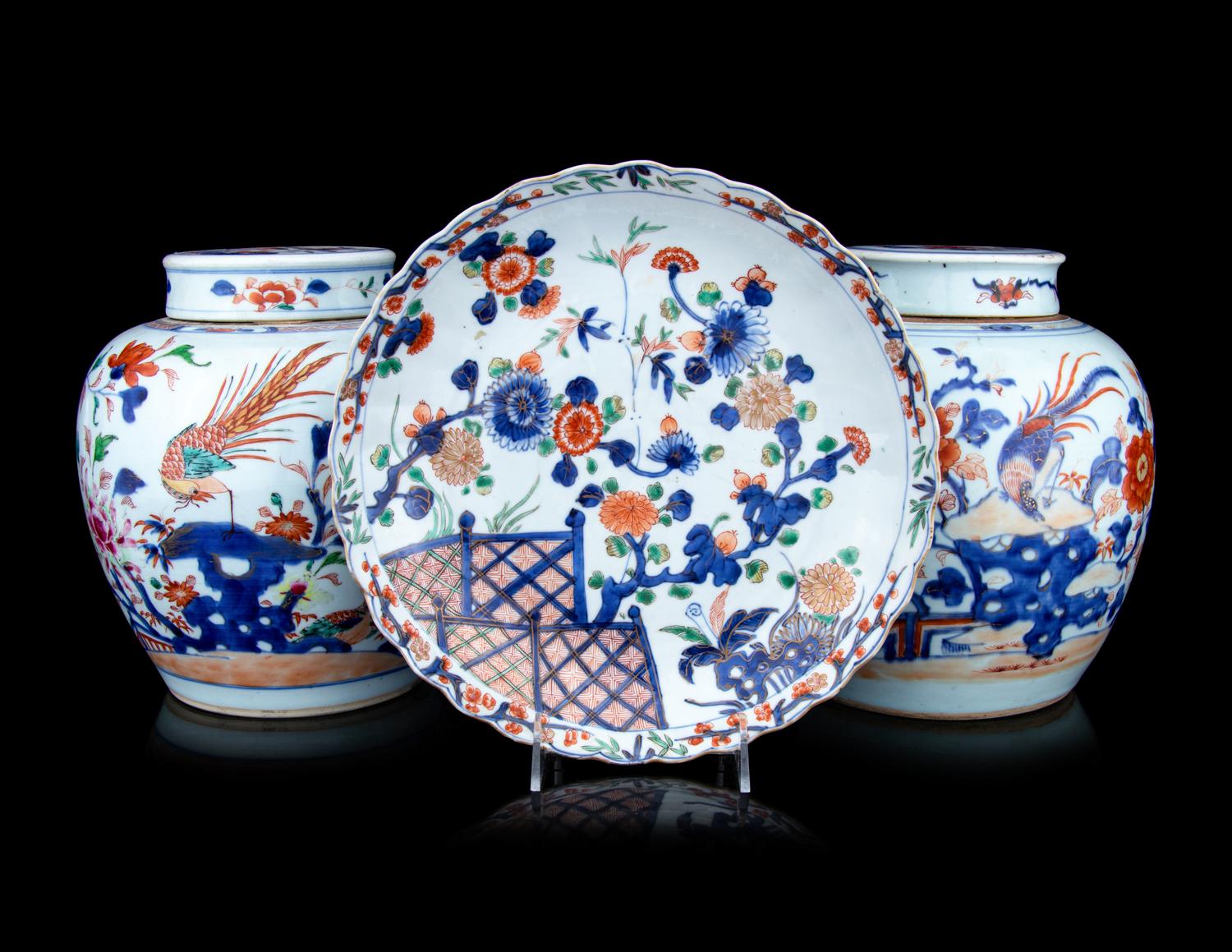 A Pair of Chinese Export Imari and Famille Rose Porcelain Covered Jars and a Flori-Form Plate