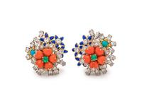 DIAMOND, MULTIGEM AND ENAMEL FLOWER MOTIF EARCLIPS