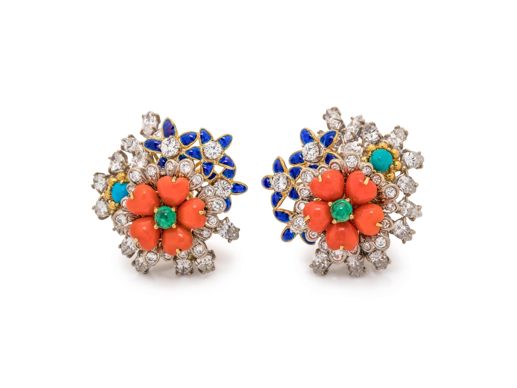 DIAMOND, MULTIGEM AND ENAMEL FLOWER MOTIF EARCLIPS