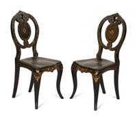 A Pair of Victorian Mother-of-Pearl Inlaid Black Lacquer Side Chairs