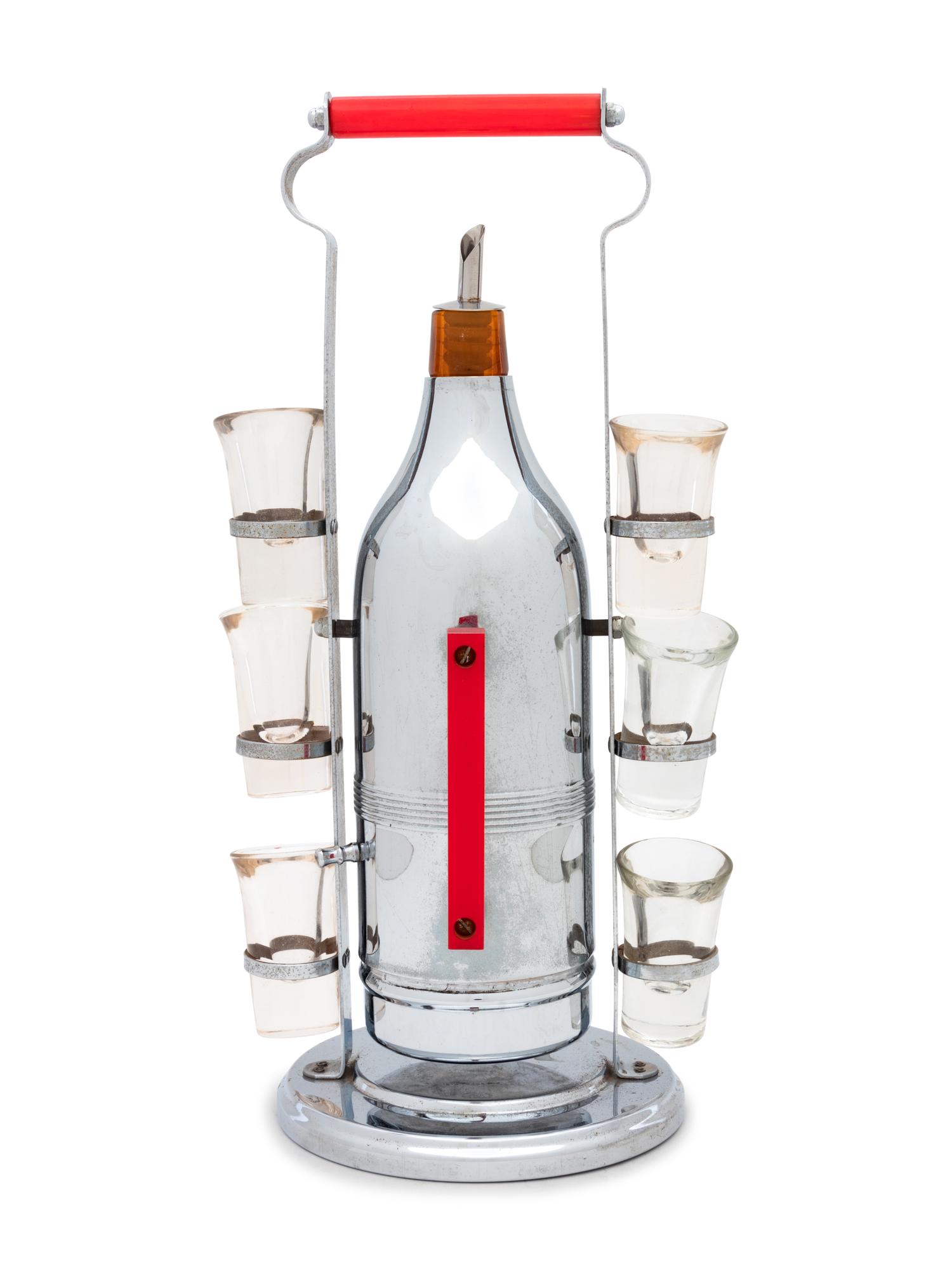 A Mid Century Chrome and Glass Liquor Dispenser with Shot Glasses