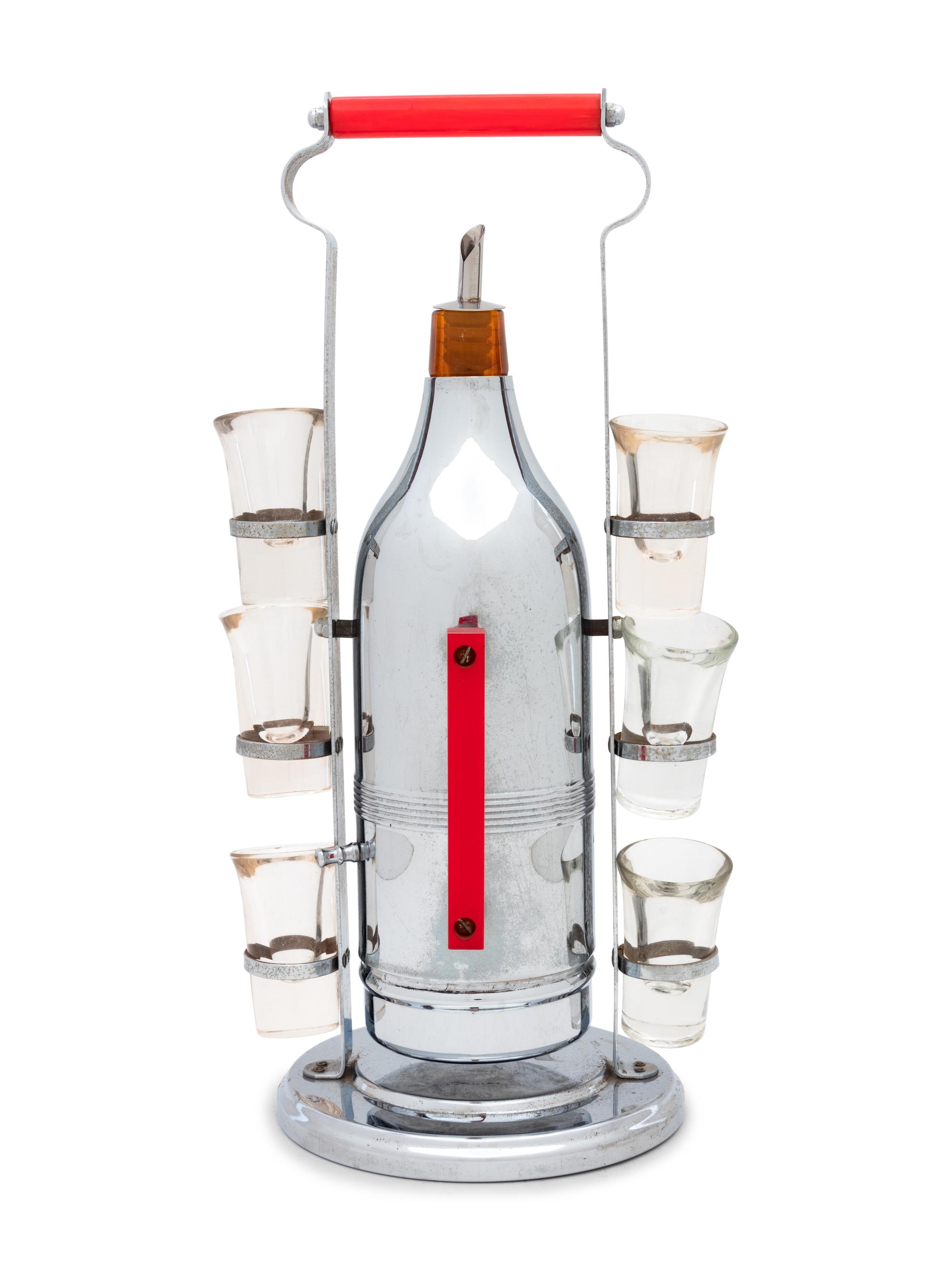 A Mid Century Chrome and Glass Liquor Dispenser with Shot Glasses