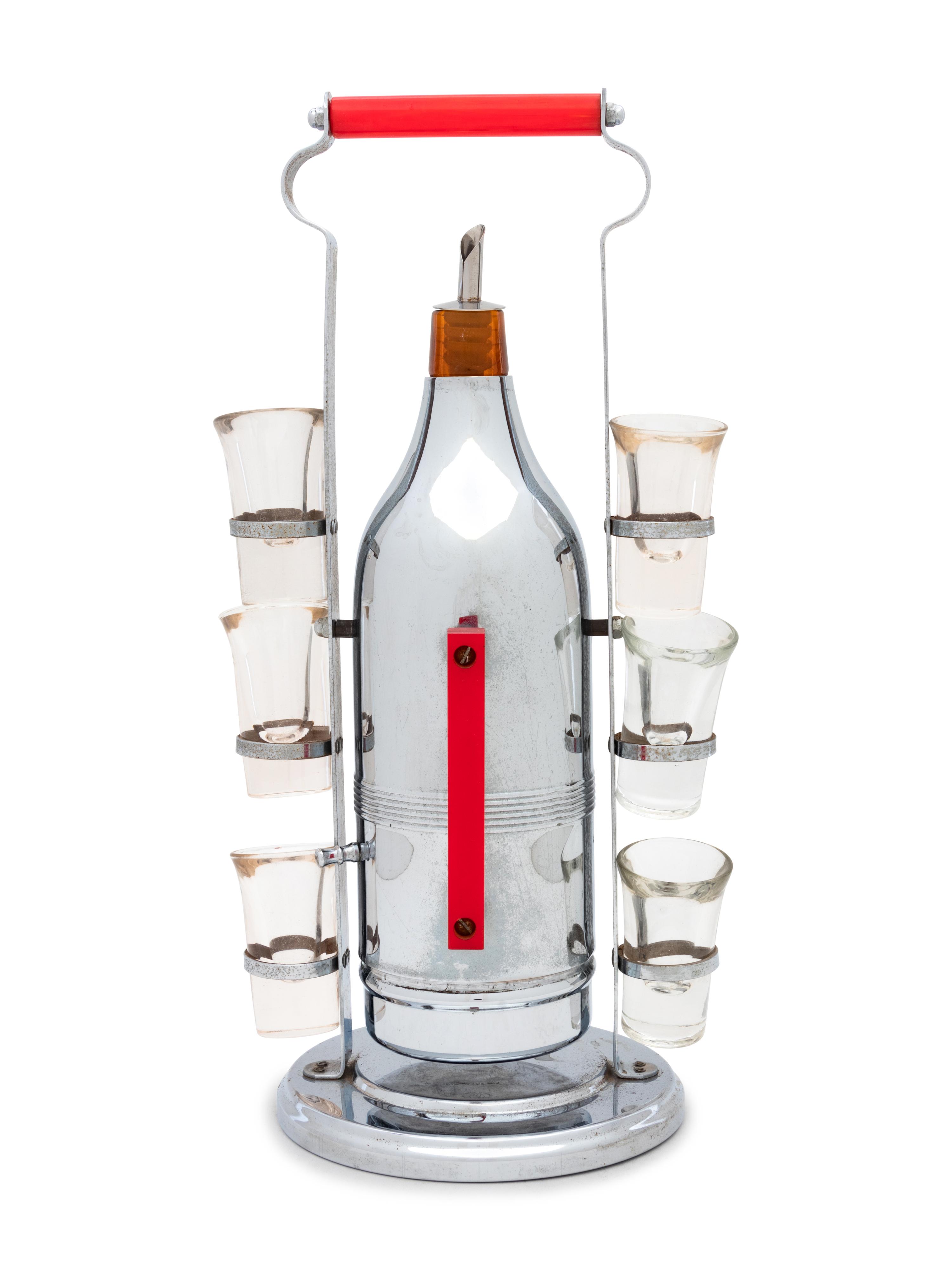 A Mid Century Chrome and Glass Liquor Dispenser with Shot Glasses