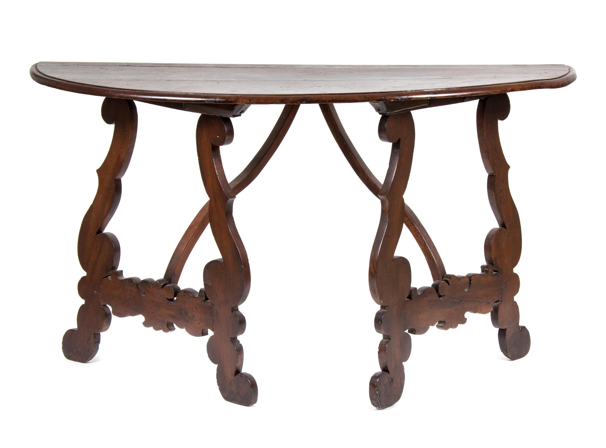 A Pair of Spanish Baroque Walnut Console Tables Height 33 x width 58 1/2 x depth 21 1/2 inches.