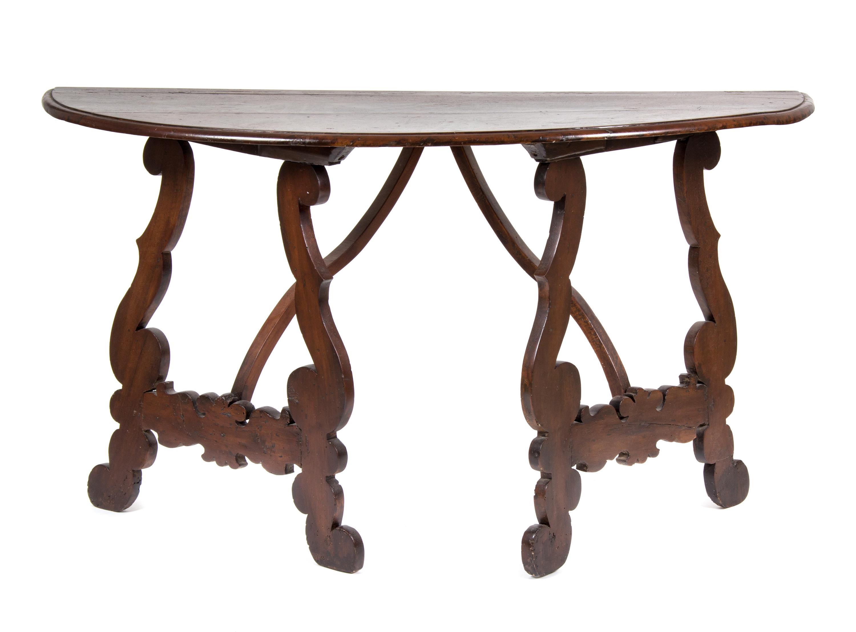 A Pair of Spanish Baroque Walnut Console Tables Height 33 x width 58 1/2 x depth 21 1/2 inches.