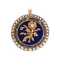 DIAMOND, CULTURED PEARL AND ENAMEL PENDANT/BROOCH