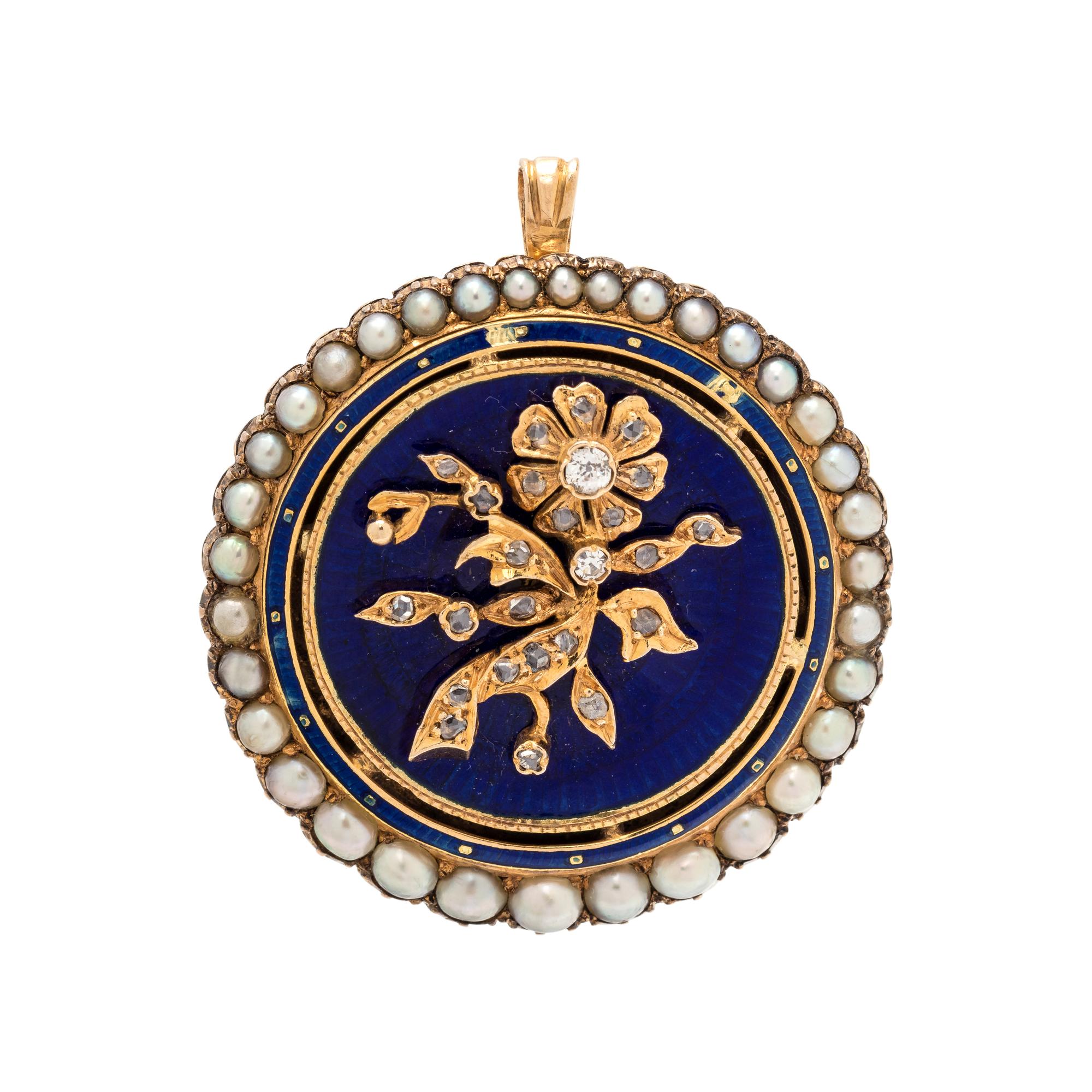 DIAMOND, CULTURED PEARL AND ENAMEL PENDANT/BROOCH