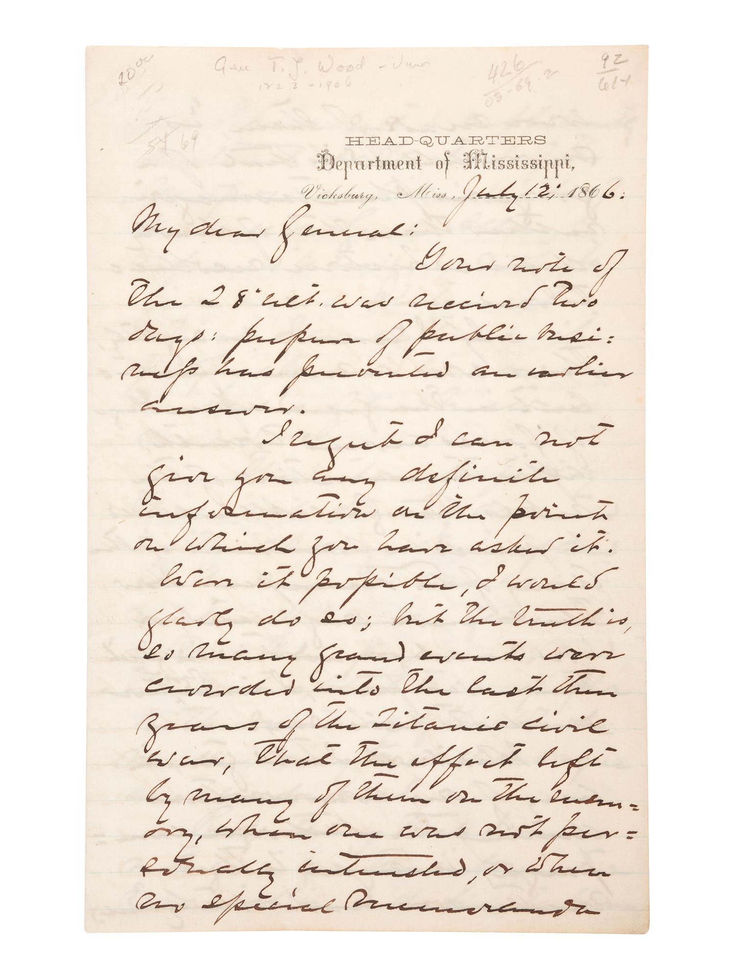 [CIVIL WAR]. WOOD, General Thomas J. (1823-1906). Autograph letter signed ("Th: J. Wood") to Bvt. Maj. Gen. J.H. Wilson, regarding the reinstatement of Gen. U.S. Grant's command of the "Army of the Tennessee." Vicksburg, MS, 12 July 1866.
