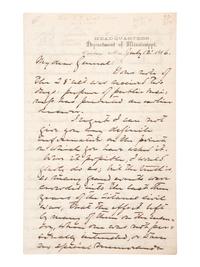 [CIVIL WAR]. WOOD, General Thomas J. (1823-1906). Autograph letter signed ("Th: J. Wood") to Bvt. Maj. Gen. J.H. Wilson, regarding the reinstatement of Gen. U.S. Grant's command of the "Army of the Tennessee." Vicksburg, MS, 12 July 1866.