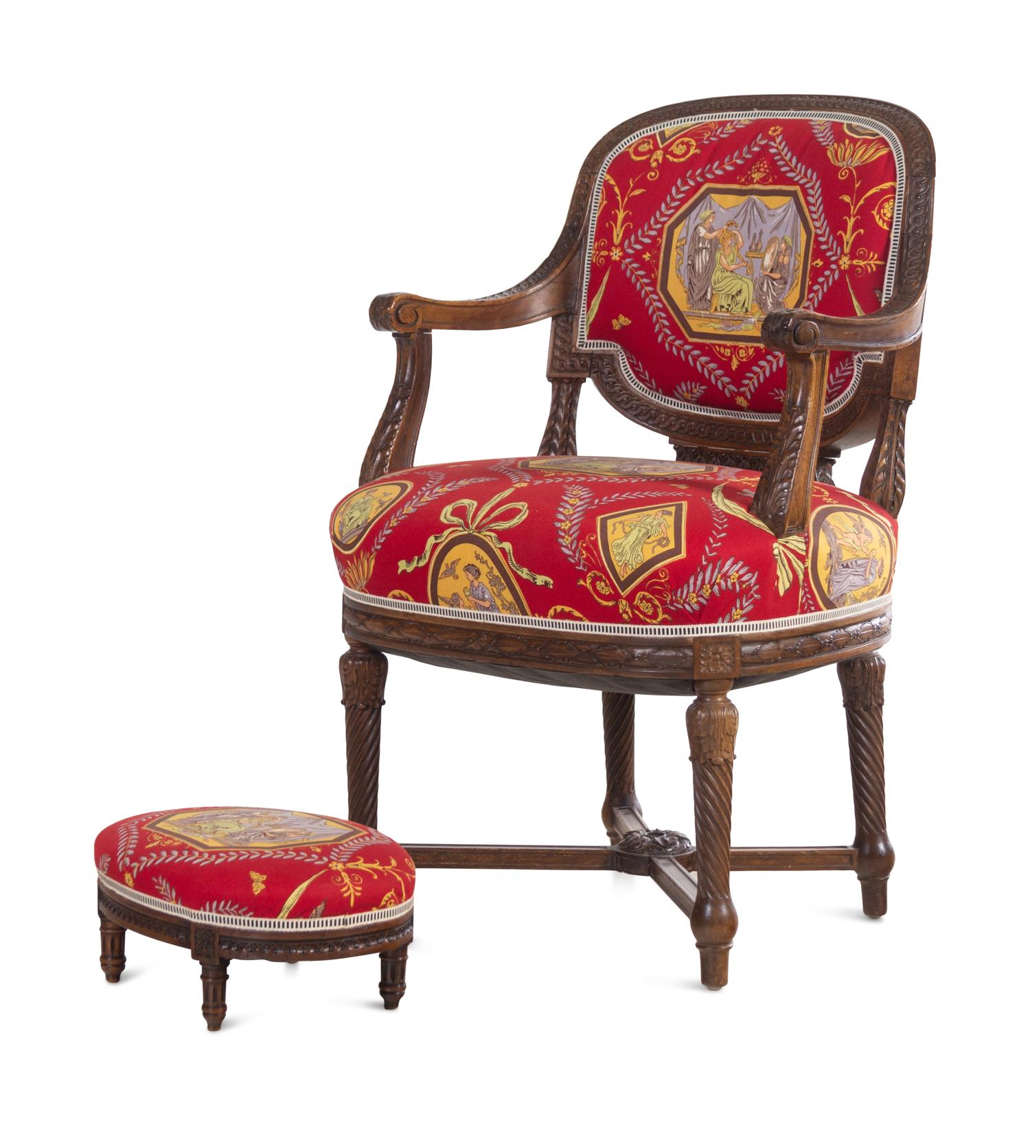 A Louis XVI Style Carved Armchair and Stool with Fortuny Upholstery