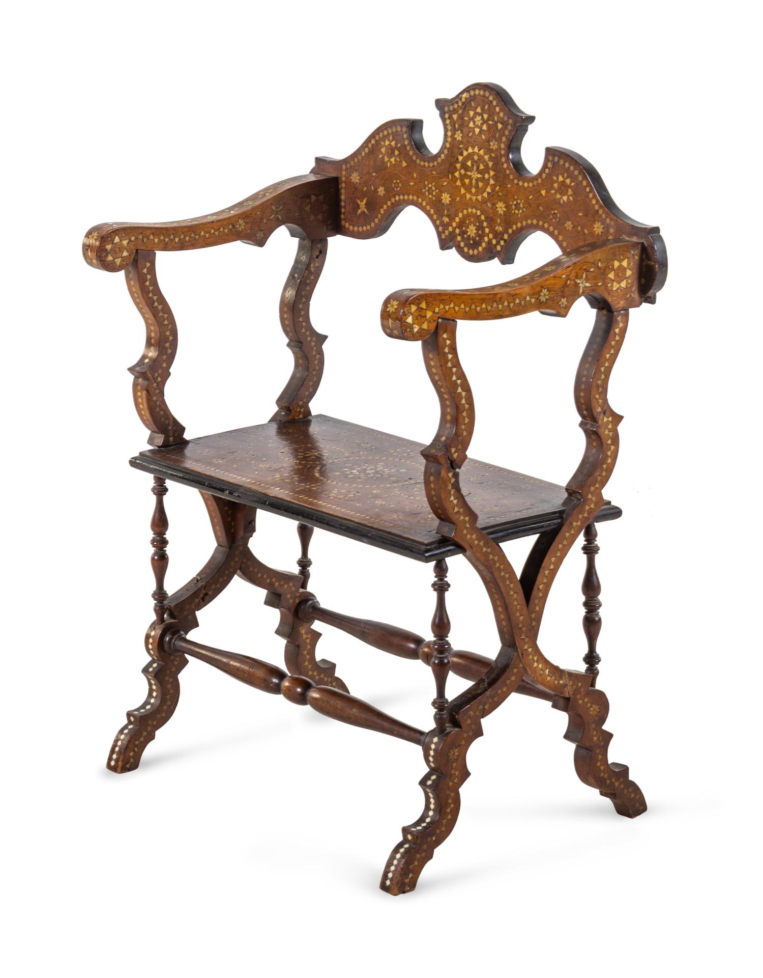 A Moorish Style Bone Inlaid Walnut Armchair