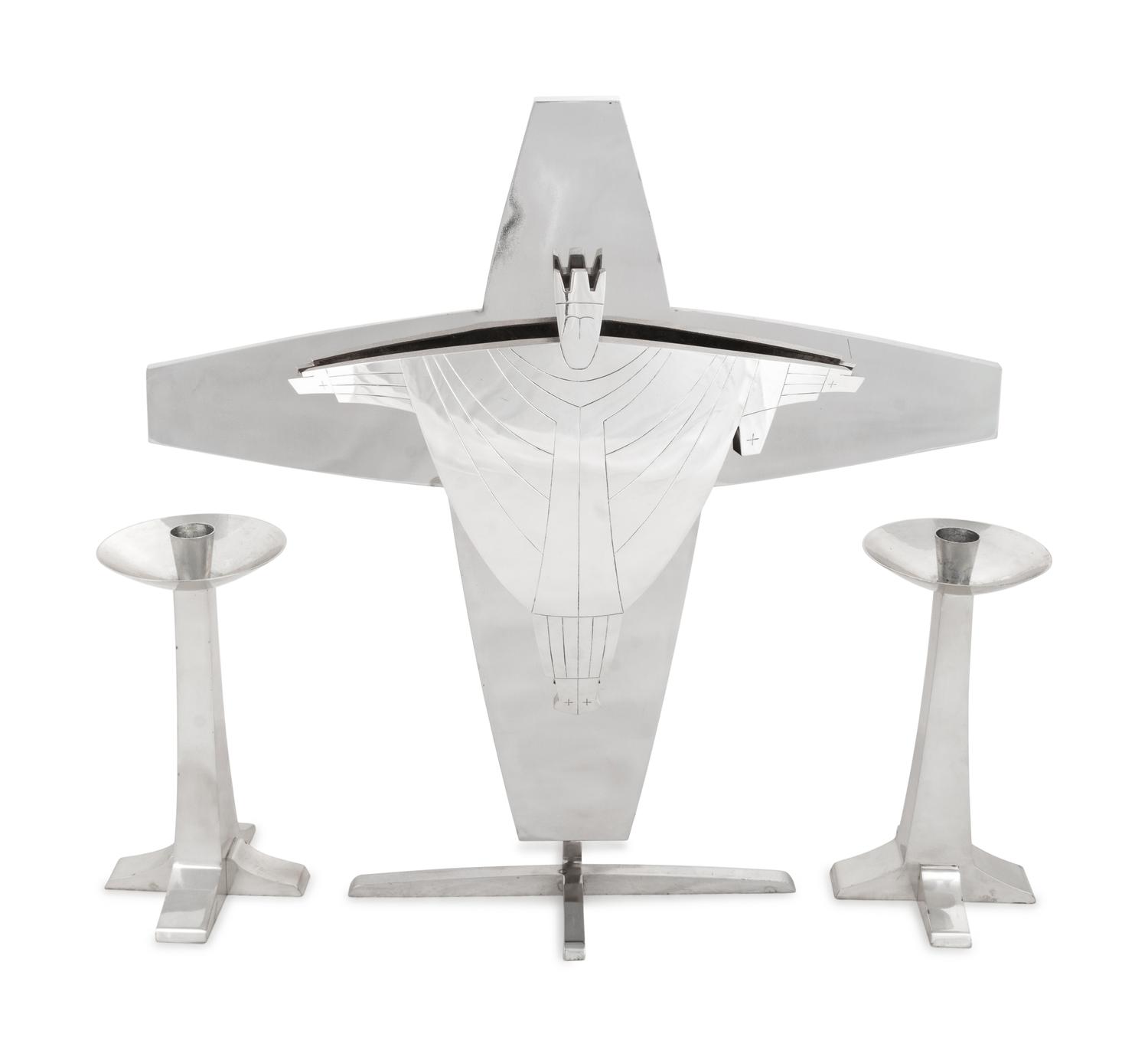 An Important Chicago Silver Five-Piece Altar Set