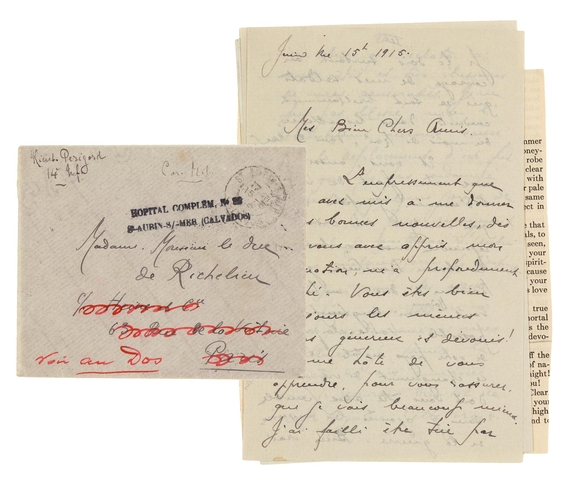 [WORLD WAR I]. An archive of letters written between 1913 and 1921 from Captain Paul Perigord (1882-1959) of the French Army to Duchess de Richelieu (1886-1972).