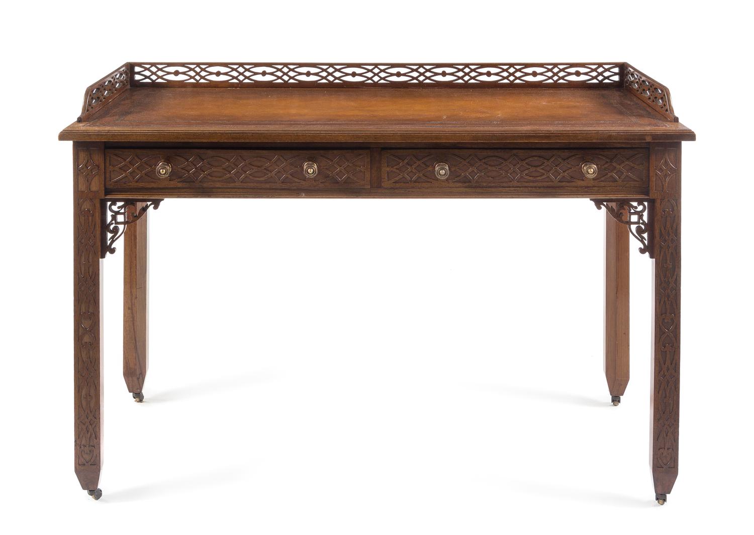A Chinese Chippendale Style Mahogany Writing Desk Height 31 3/4 x width 48 x depth 20 3/4 inches. — EDWARDS AND ROBERTS