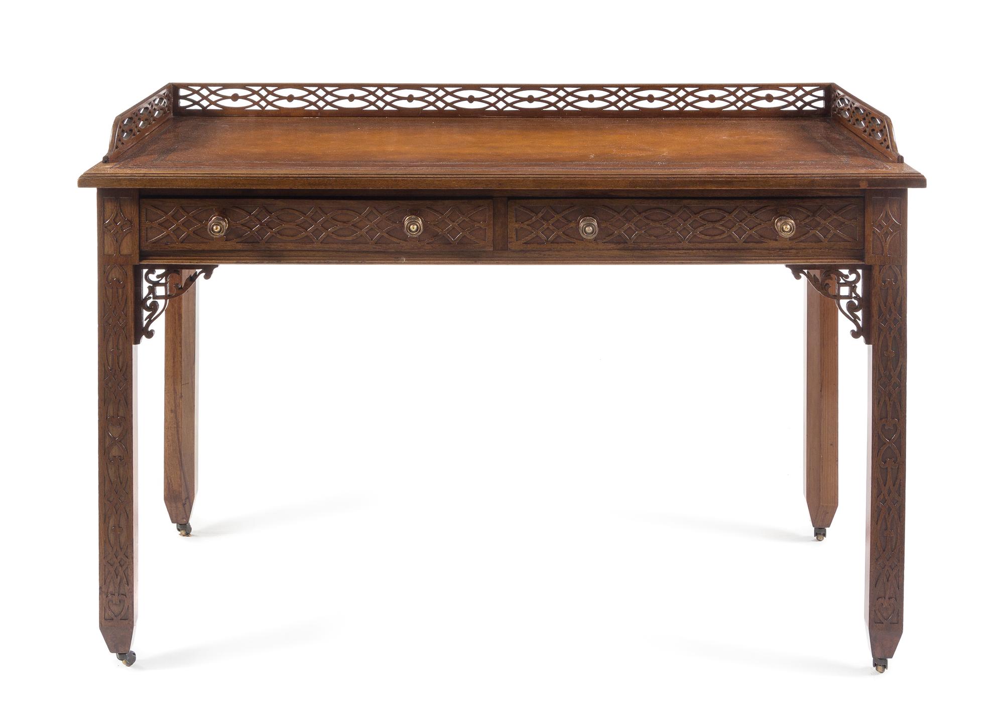 A Chinese Chippendale Style Mahogany Writing Desk Height 31 3/4 x width 48 x depth 20 3/4 inches. — EDWARDS AND ROBERTS