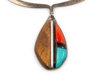 Silver Choker, with Ironwood, Turquoise, and Coral Inlay Pendant Lot is located and will ship from Denver, Colorado.