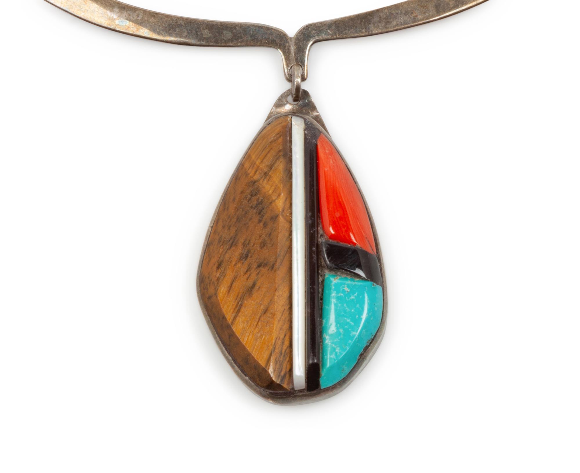 Silver Choker, with Ironwood, Turquoise, and Coral Inlay Pendant Lot is located and will ship from Denver, Colorado.