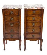 A Pair of Louis XV/XVI Style Transitional Marble-Top Side Cabinets Height 34 x width 14 x depth 12 inches. — 20TH CENTURY