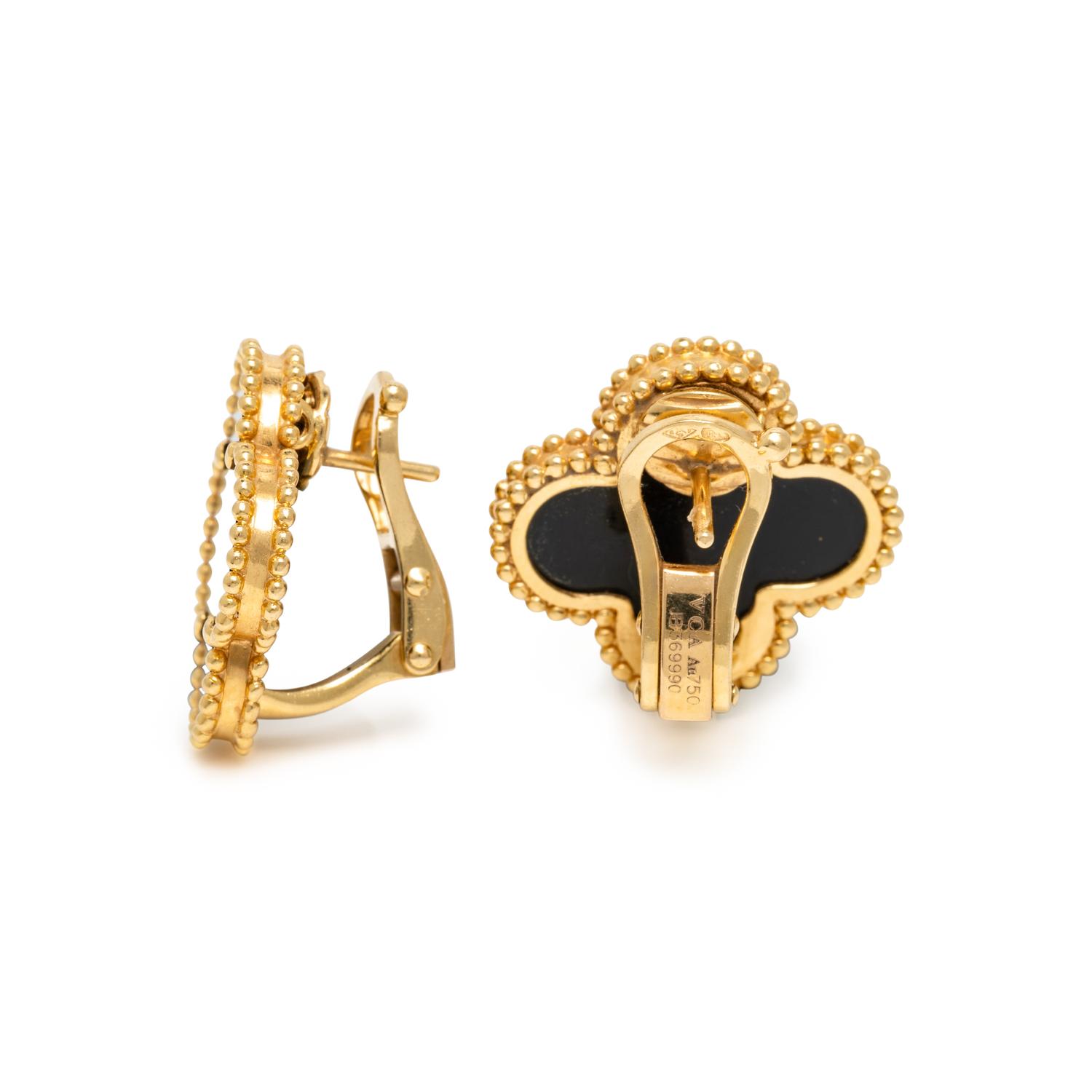 VAN CLEEF & ARPELS, ONYX AND YELLOW GOLD 'ALHAMBRA' EARRINGS