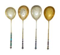 Four Russian Enameled Silver Spoons