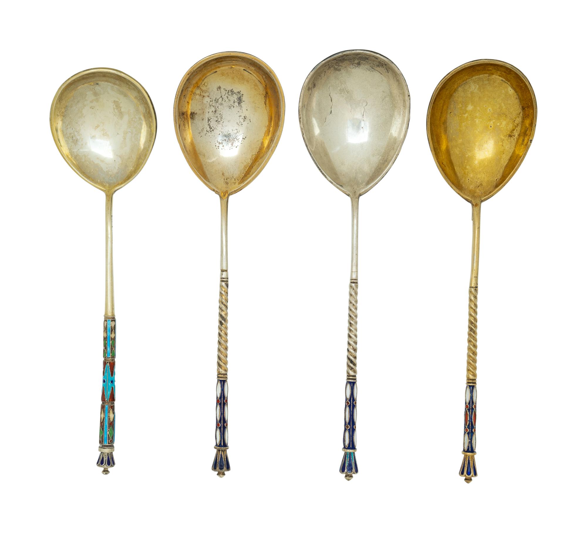 Four Russian Enameled Silver Spoons
