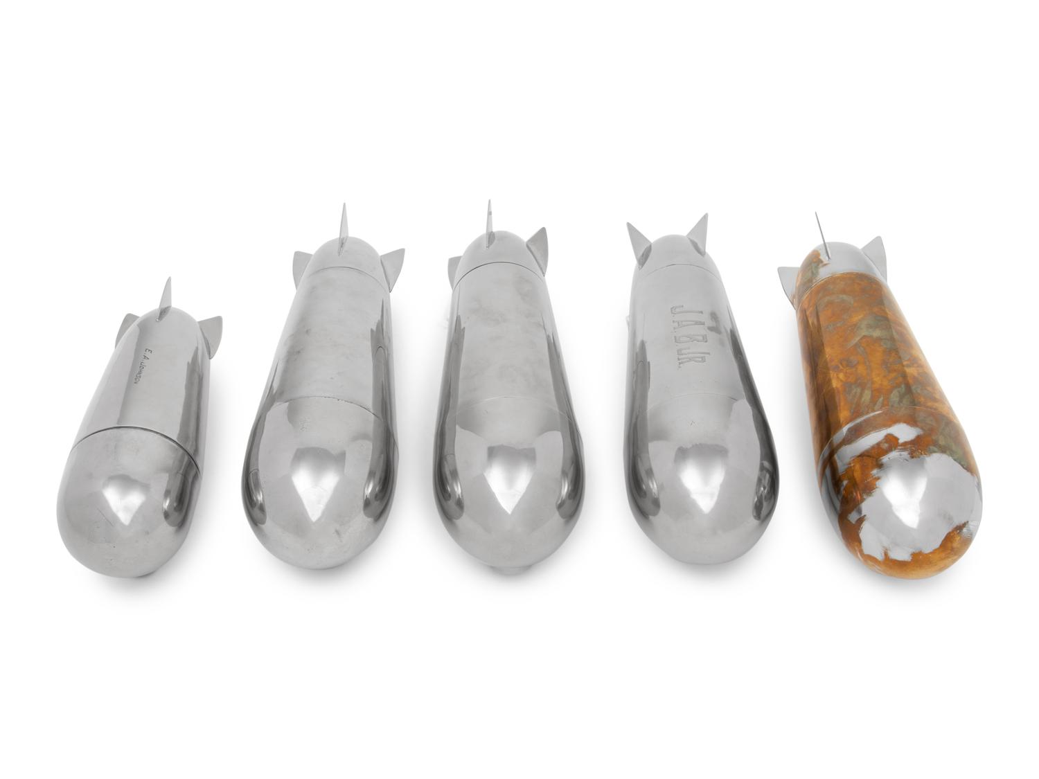 A Collection of Five German Chromed-Metal Blimp-Form Cocktail Shaker and Shot Glass Sets