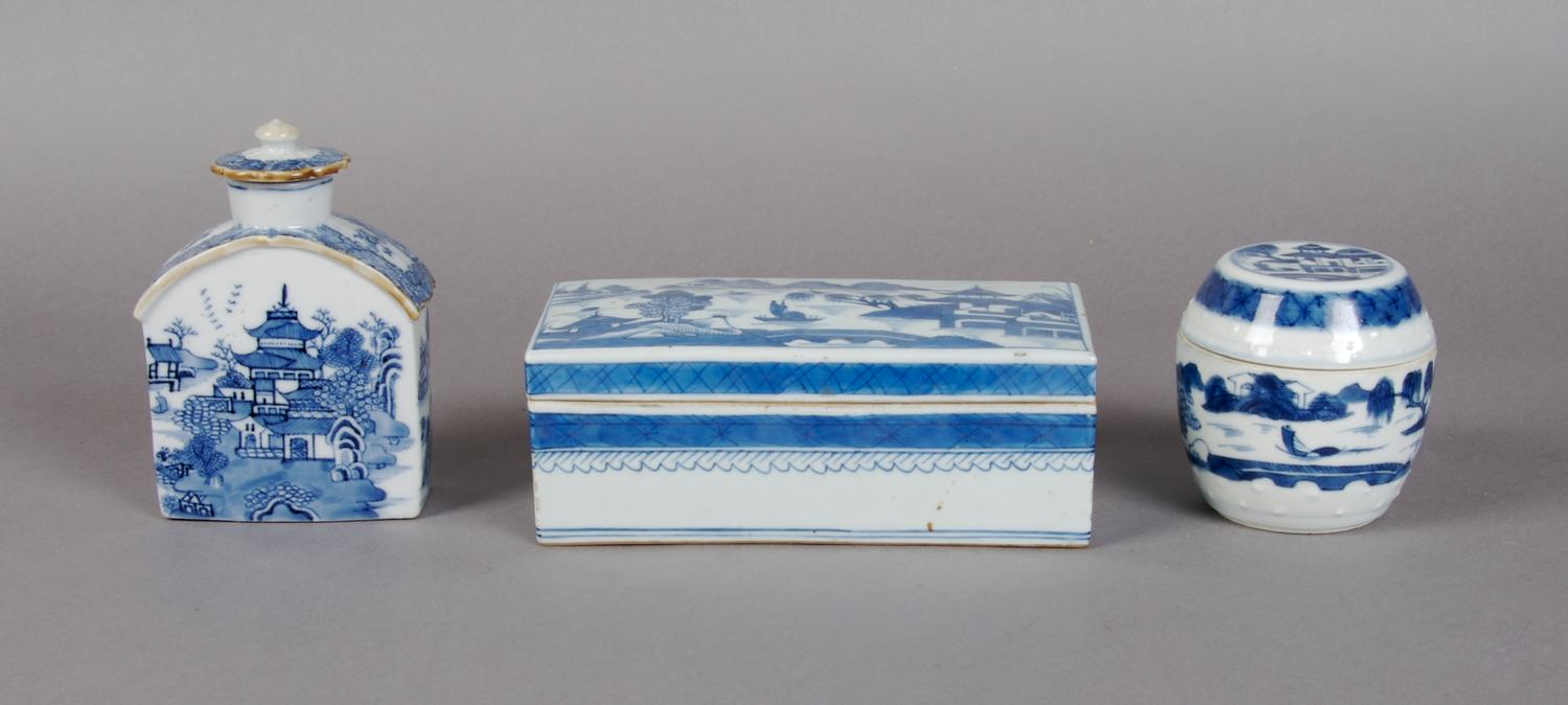 A Group of Three Chinese Porcelain Lidded Vessels, Width of widest 7 1/4 inches.