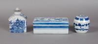 A Group of Three Chinese Porcelain Lidded Vessels, Width of widest 7 1/4 inches.