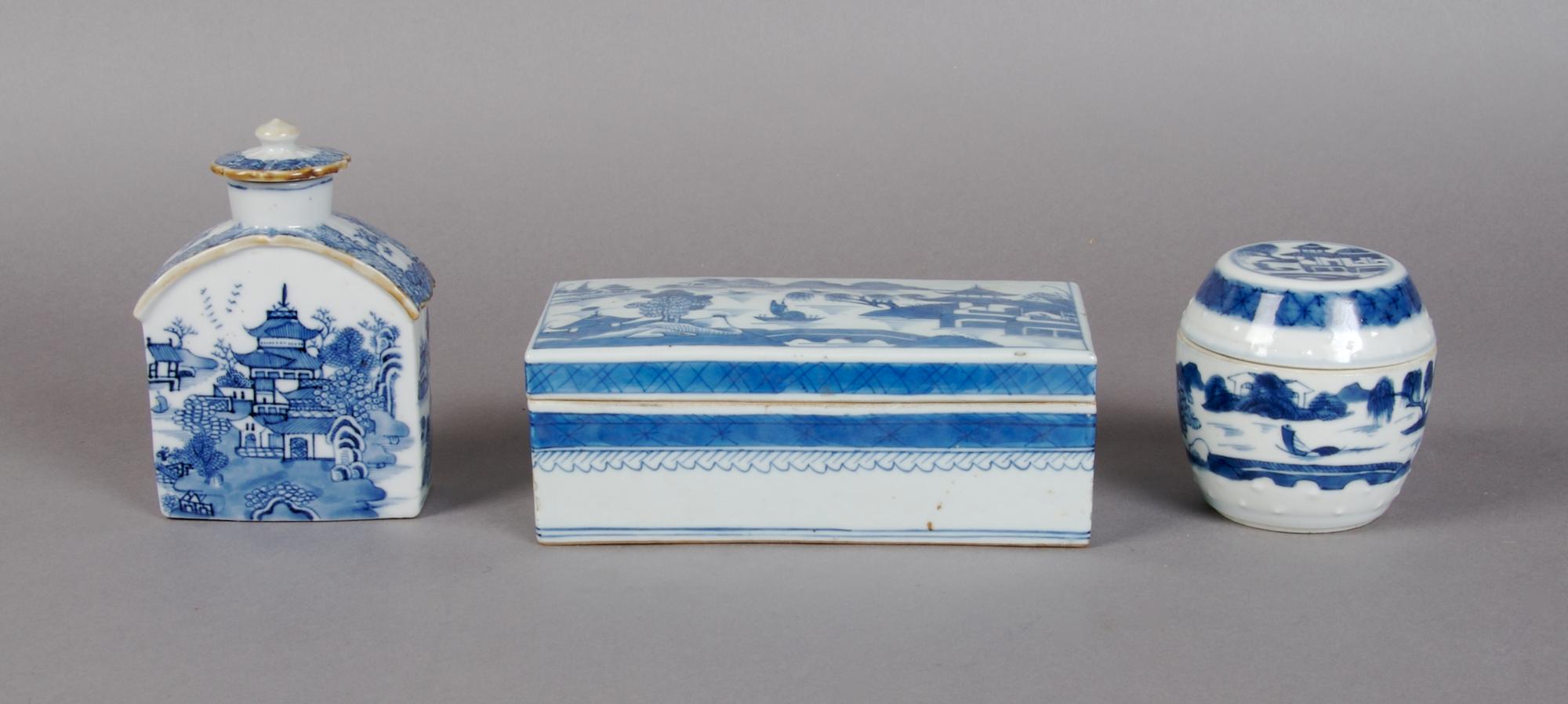 A Group of Three Chinese Porcelain Lidded Vessels, Width of widest 7 1/4 inches.