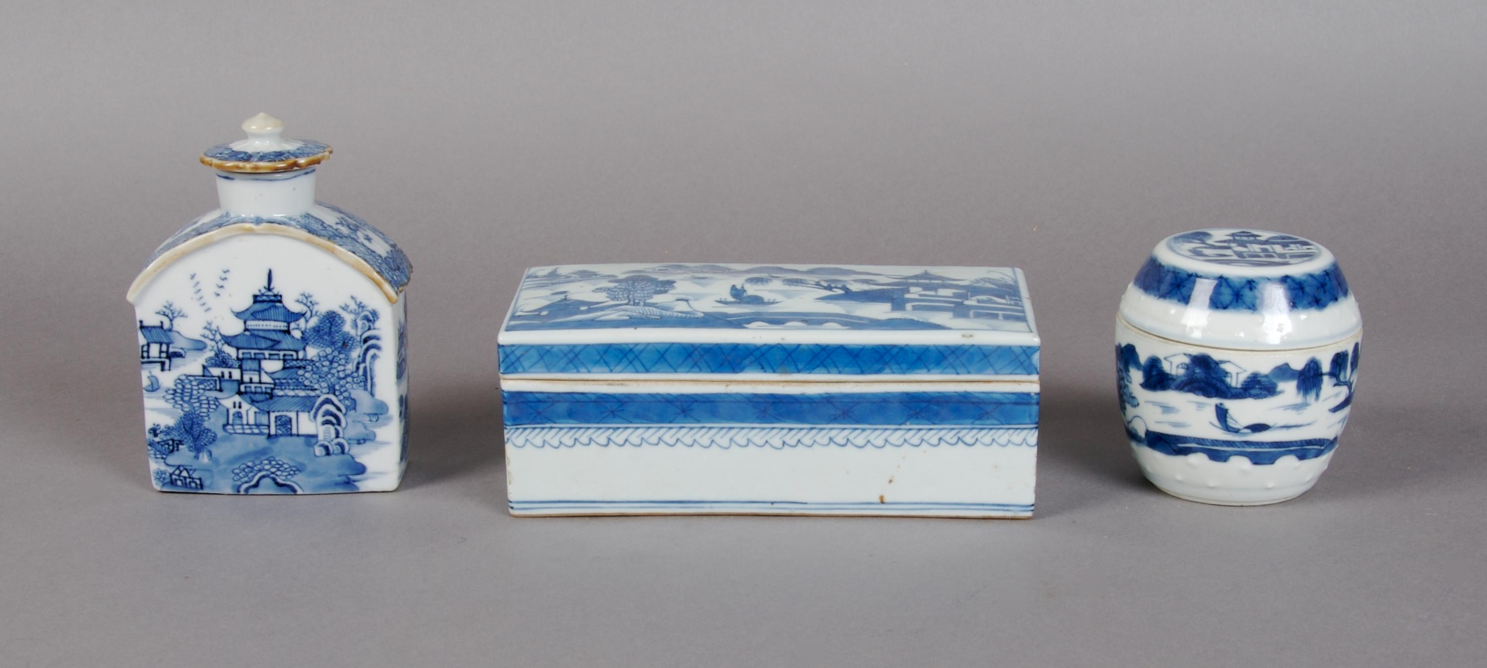 A Group of Three Chinese Porcelain Lidded Vessels, Width of widest 7 1/4 inches.