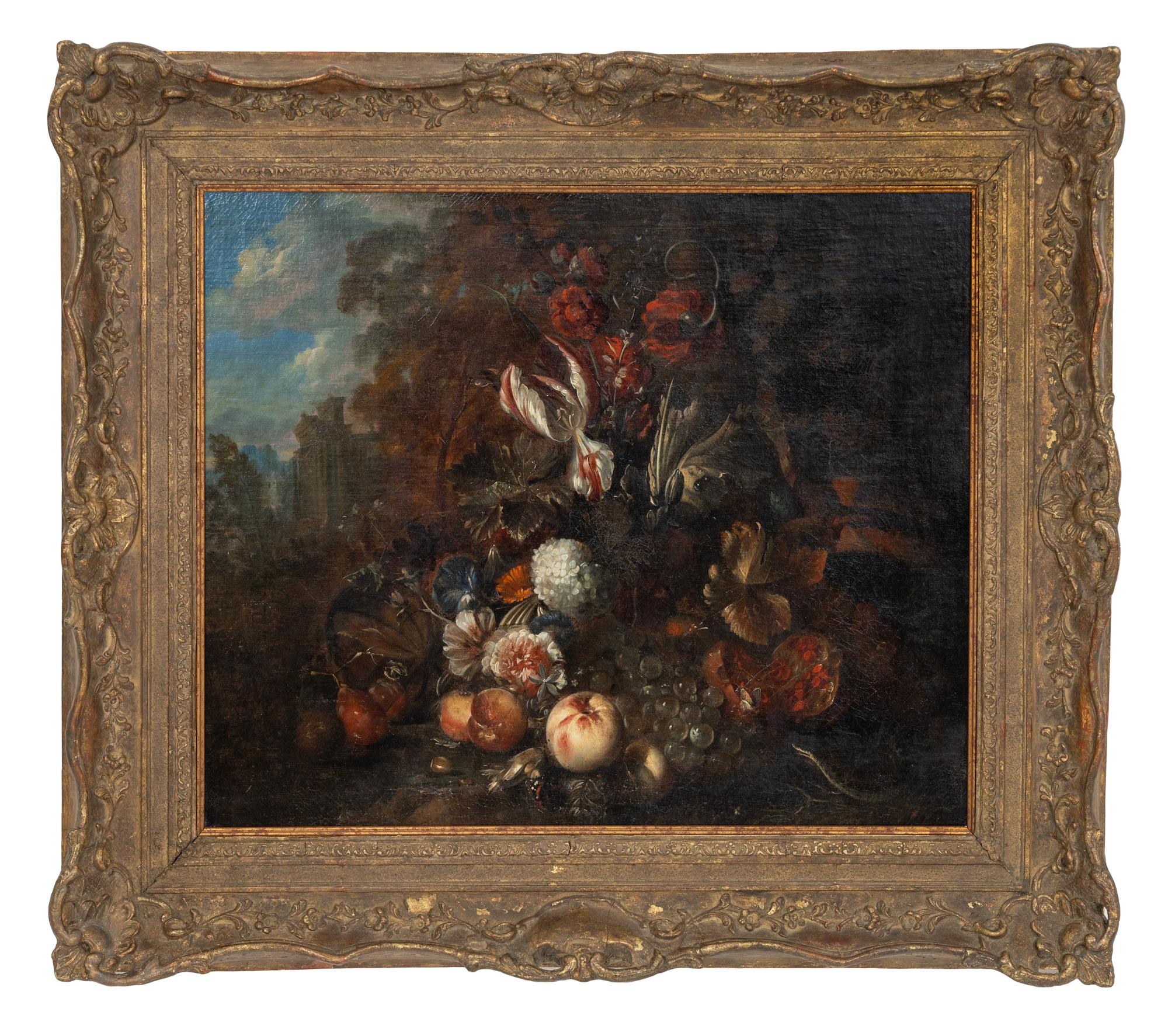 Still Life with Flowers, Fruit and Snake in a Forrest, with Ruins in a Distance