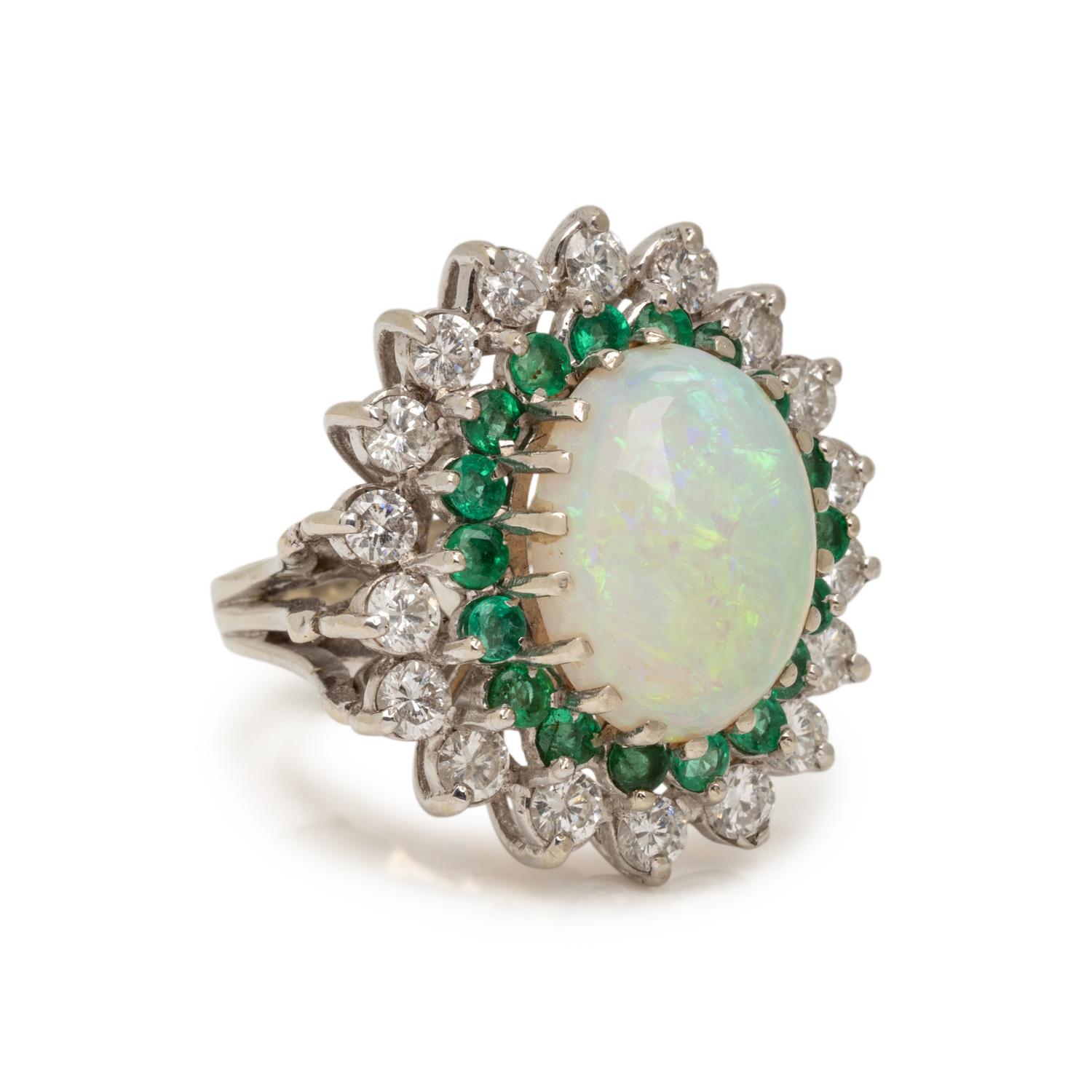OPAL, EMERALD, AND DIAMOND RING