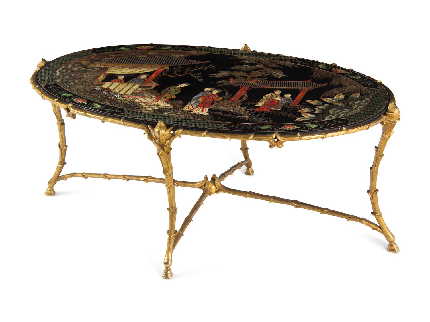 A Maison Baguès Faux Bamboo Gilt Bronze and Chinese Lacquer Low Table