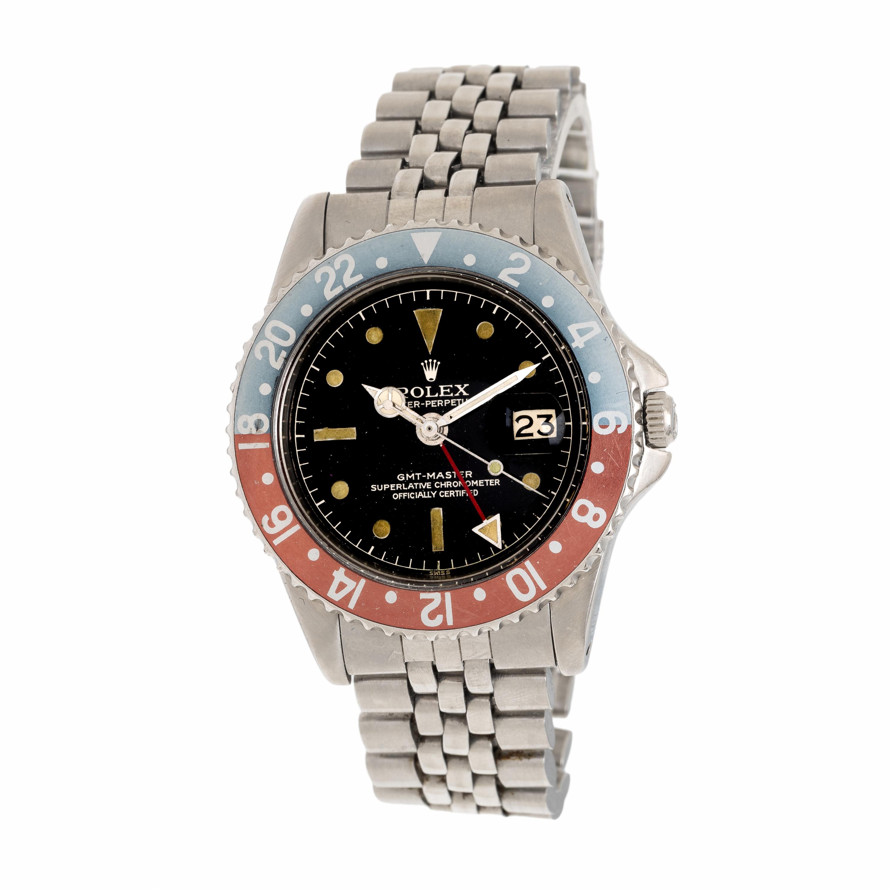 Rolex, Ref. 1675, Stainless Steel 'Pepsi' 'Eagle Beak' 'GMT Master' Watch with 'Gilt' Dial