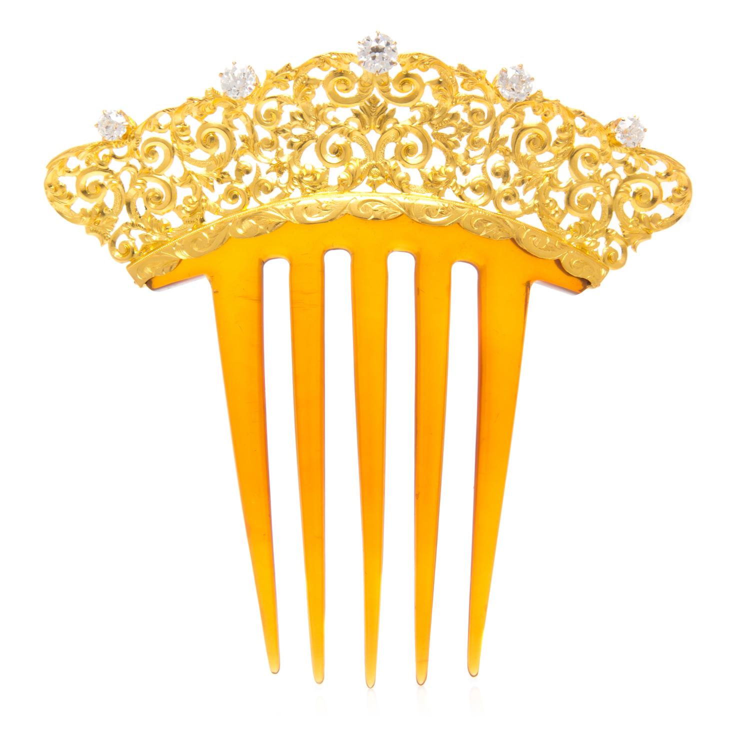 A Victorian 18 Karat Yellow Gold, Diamond and Tortoise Shell Hair Comb, Tiffany & Co., Circa 1890, 15.40 dwts.