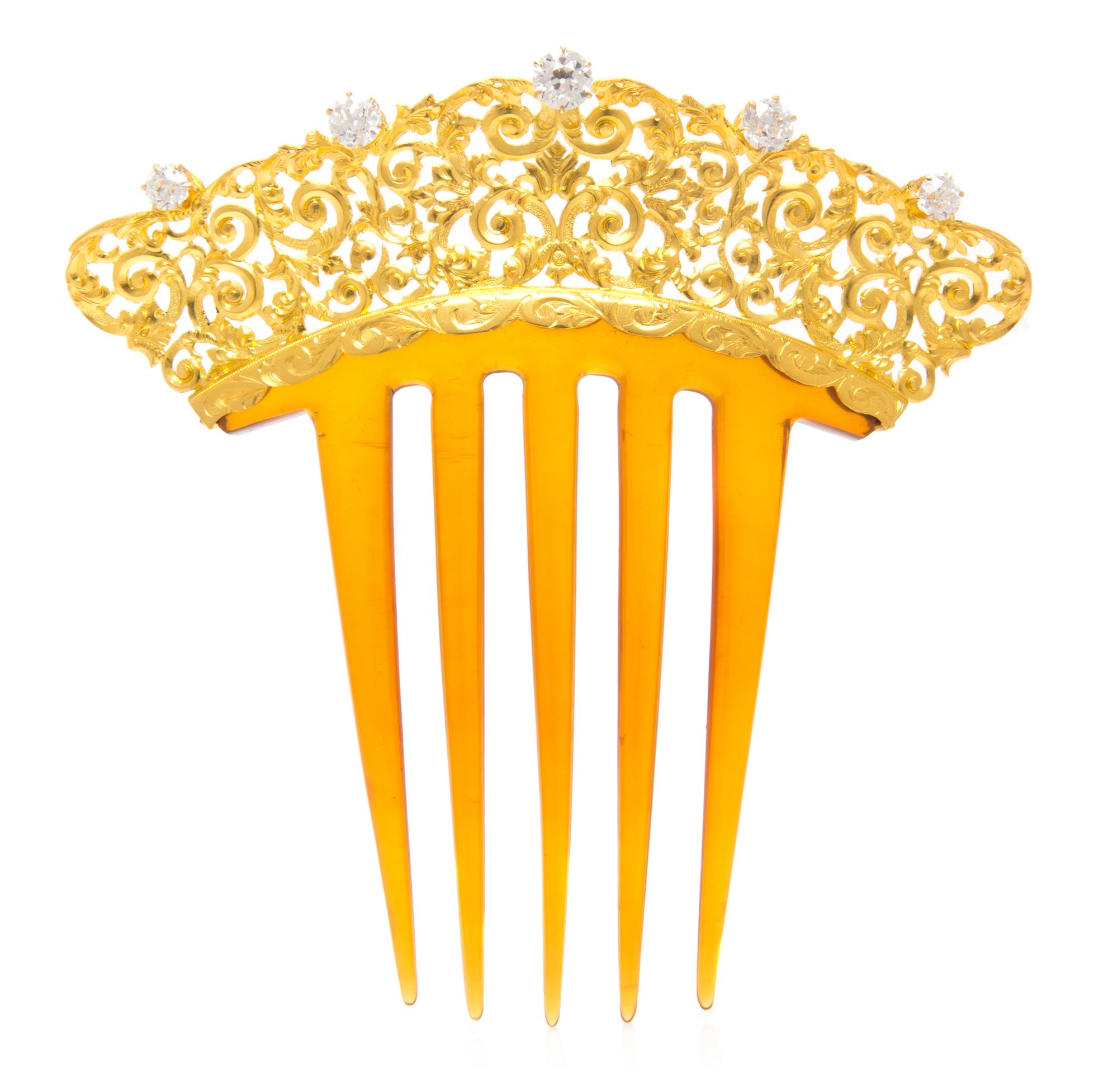 A Victorian 18 Karat Yellow Gold, Diamond and Tortoise Shell Hair Comb, Tiffany & Co., Circa 1890, 15.40 dwts.
