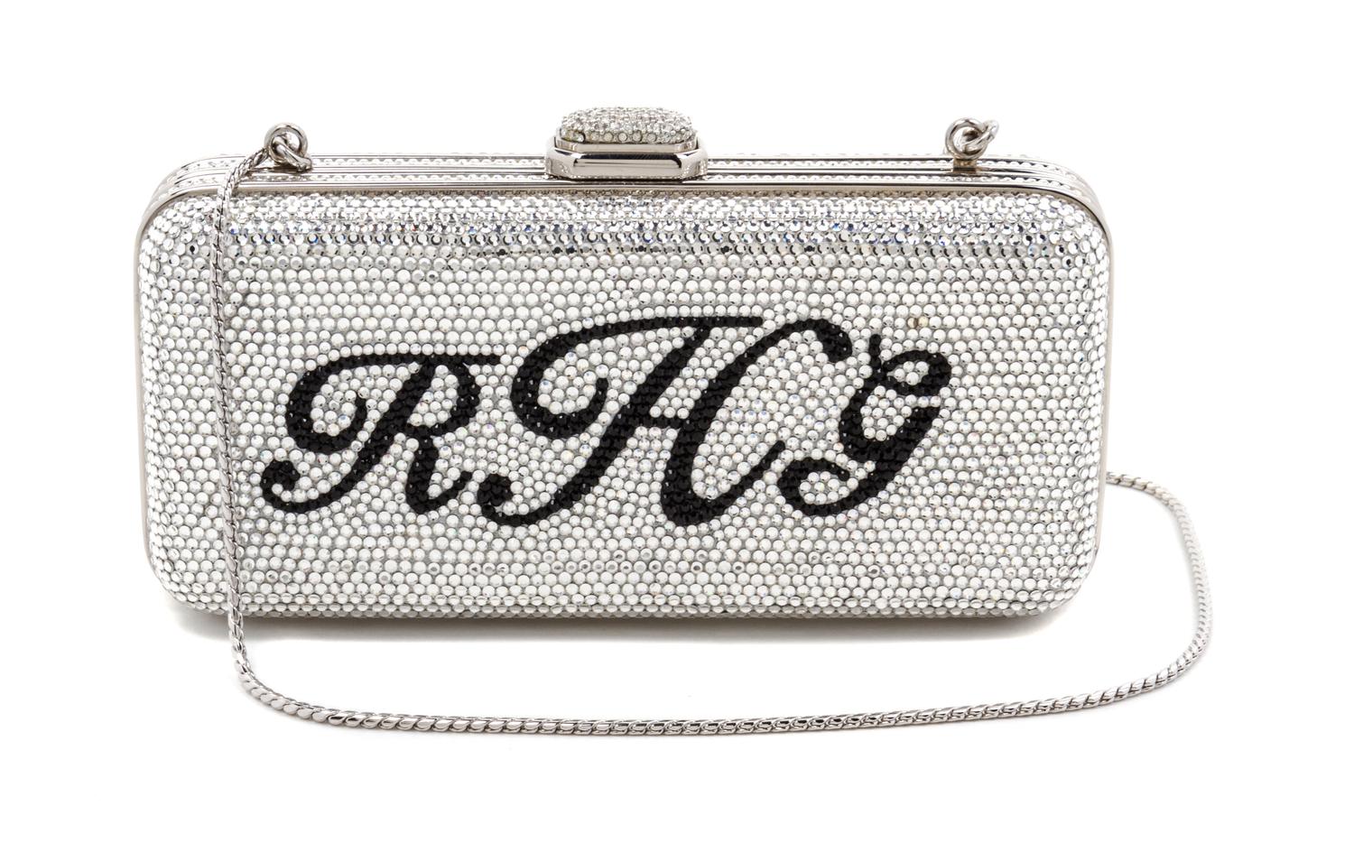A Judith Leiber Swarovski Crystal Monogrammed "RHG" Minaudiere, 6 x 3 x 1 1/2 inches.