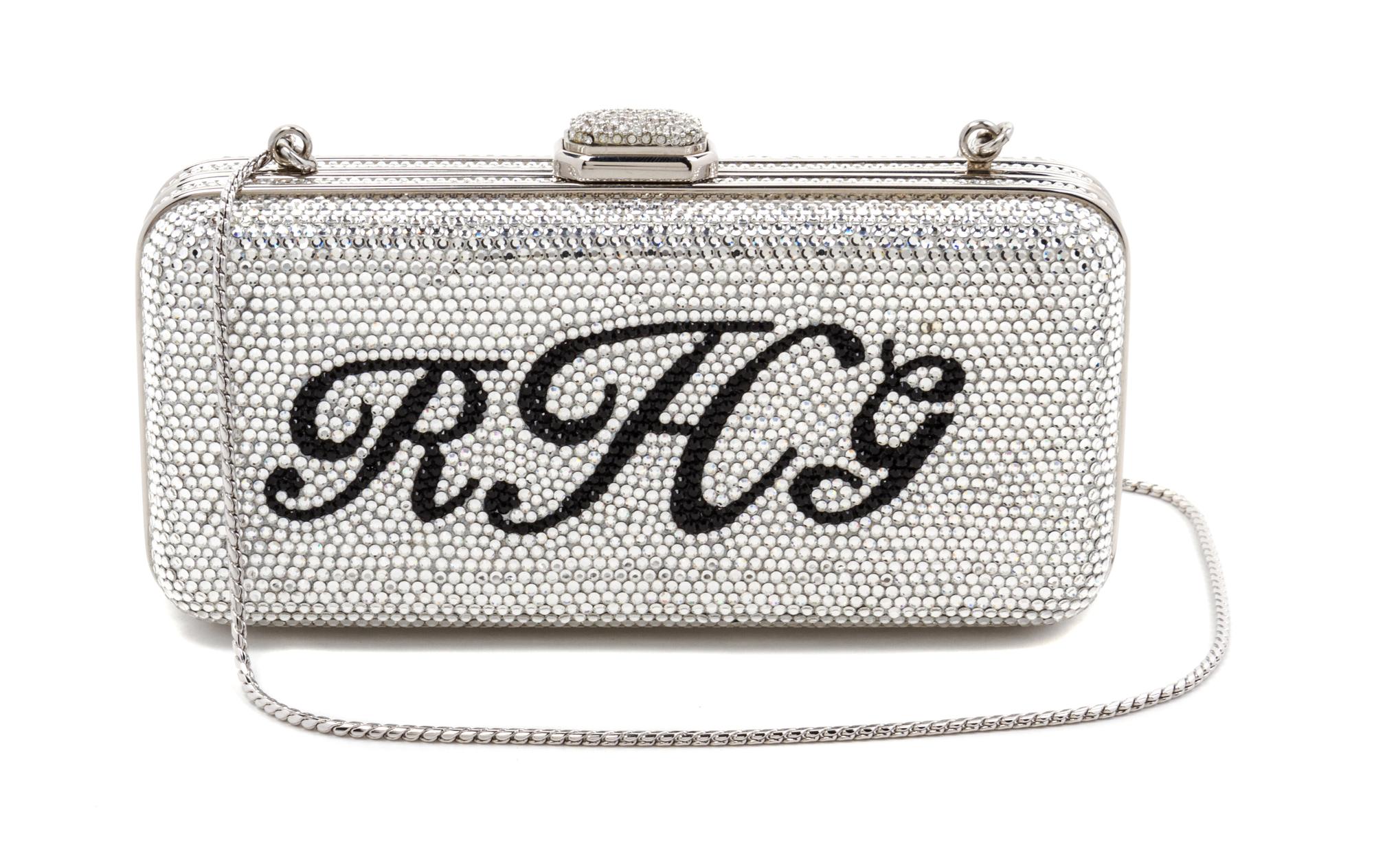 A Judith Leiber Swarovski Crystal Monogrammed "RHG" Minaudiere, 6 x 3 x 1 1/2 inches.