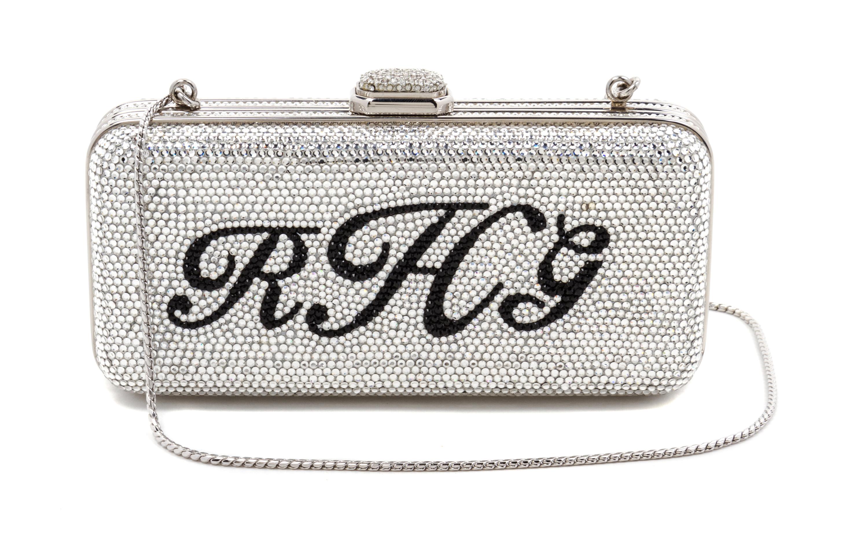 A Judith Leiber Swarovski Crystal Monogrammed "RHG" Minaudiere, 6 x 3 x 1 1/2 inches.