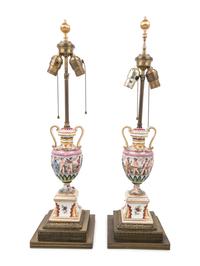 A Pair of Capodimonte Porcelain Urns Mounted as Lamps