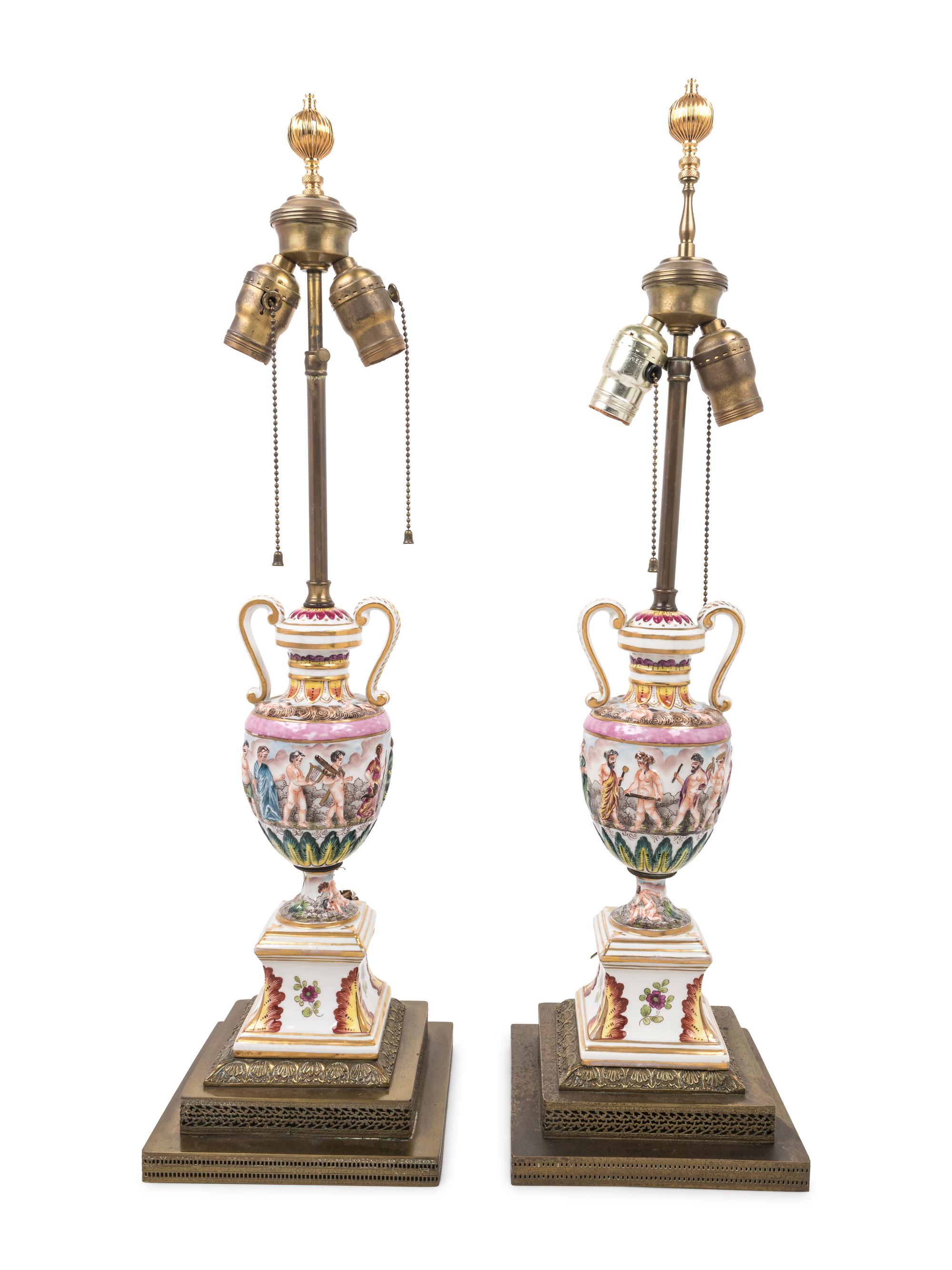 A Pair of Capodimonte Porcelain Urns Mounted as Lamps