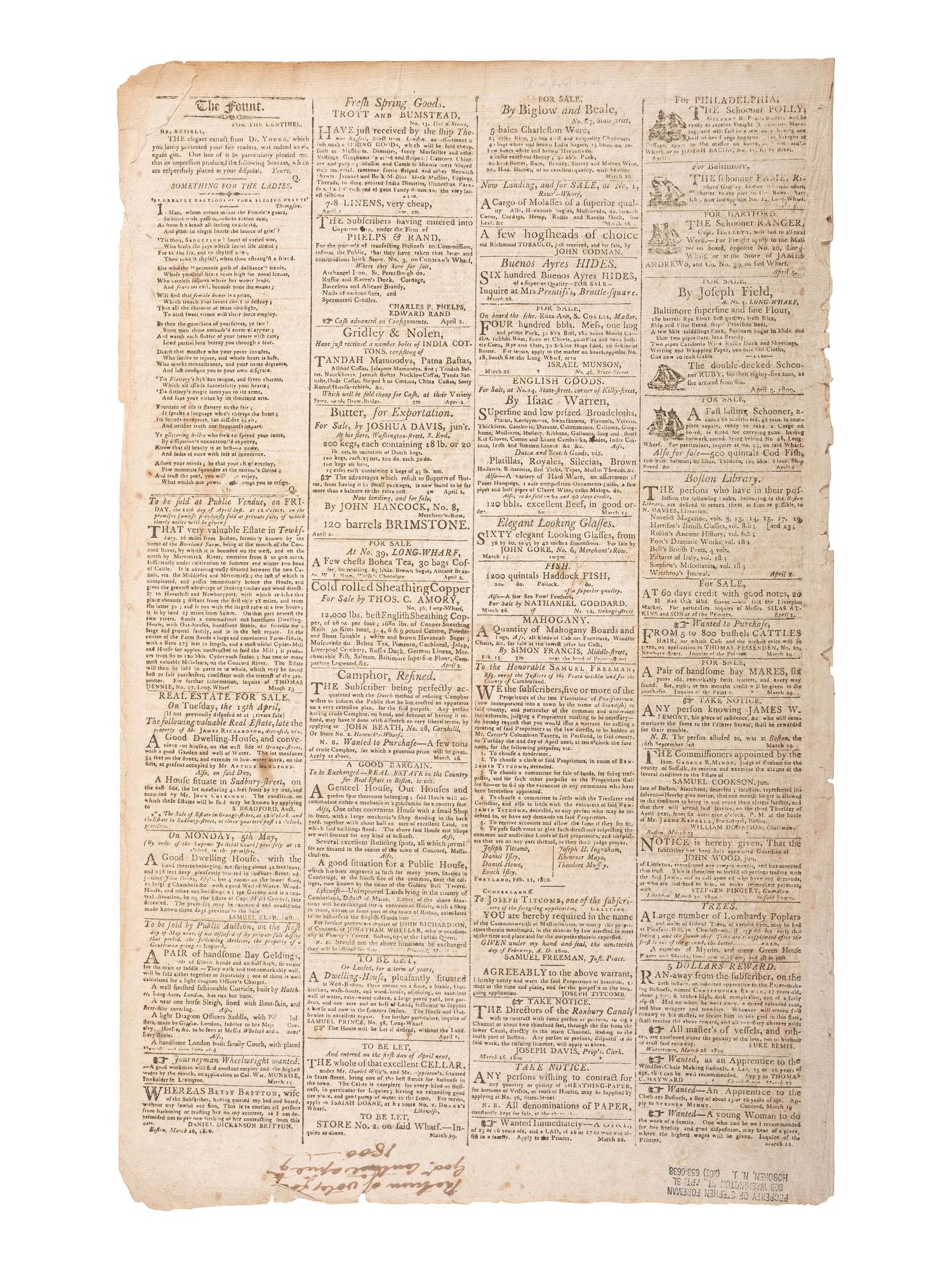 [WASHINGTON, George (1732-1799)]. The Columbian Centinel . Vol. XXXIII, No. 11. Boston, MA: Benjamin Russell, 9 April 1800.