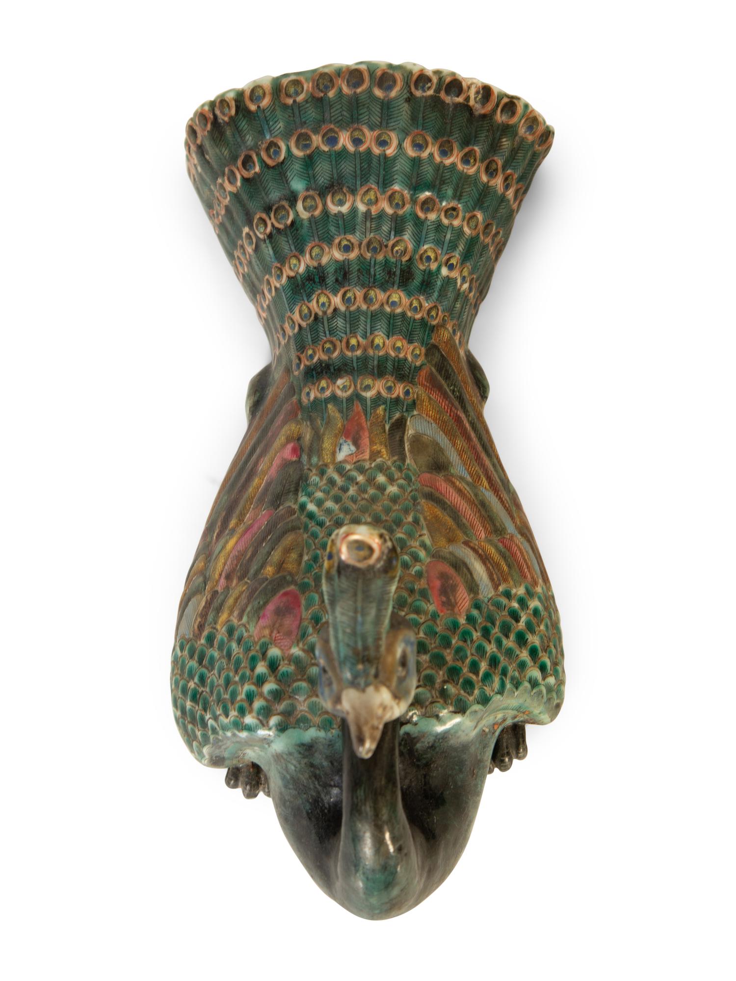A Pair of Chinese Export Porcelain Peacock-Form Wall-Pockets