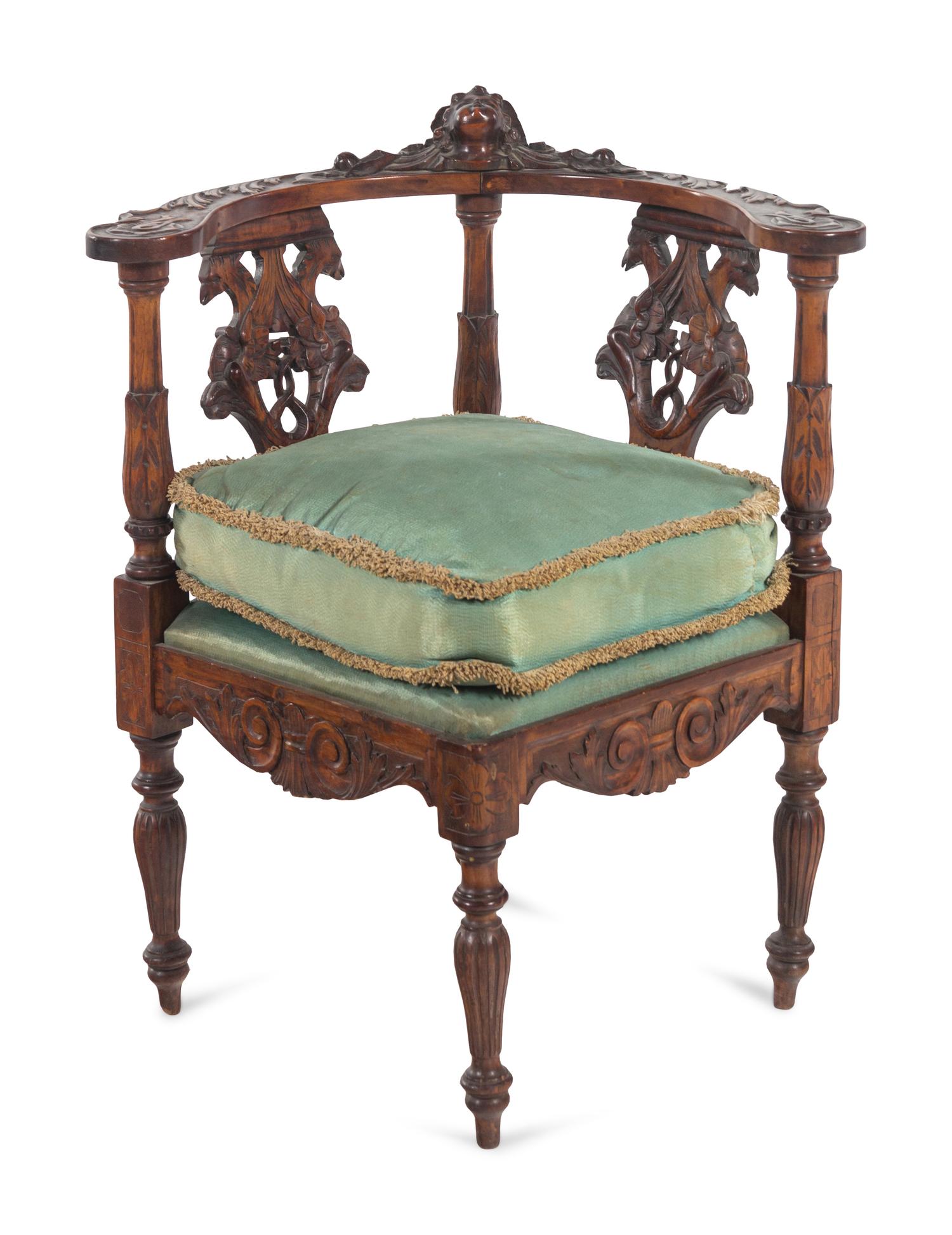 An English Carved Walnut Corner Chair