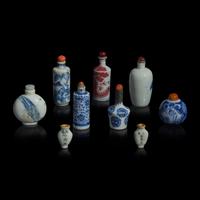 Nine Chinese Miniature Porcelain Snuff and Medicine Bottles, Late Qing-Republic Period 晚清民國 瓷煙壺七支及袖珍藥瓶兩支
